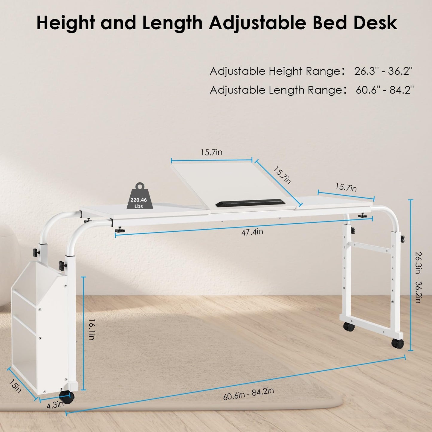 Arlopu Overbed Table with Wheels,60.6-84.2 inches Mobile Bed Desk,Rolling Computer Desk, Laptop Cart,W/0-65°Tilt Stand,4 Heights and 6 Lengths,Side Storage Basket,for Home,Office and Hospital (White)