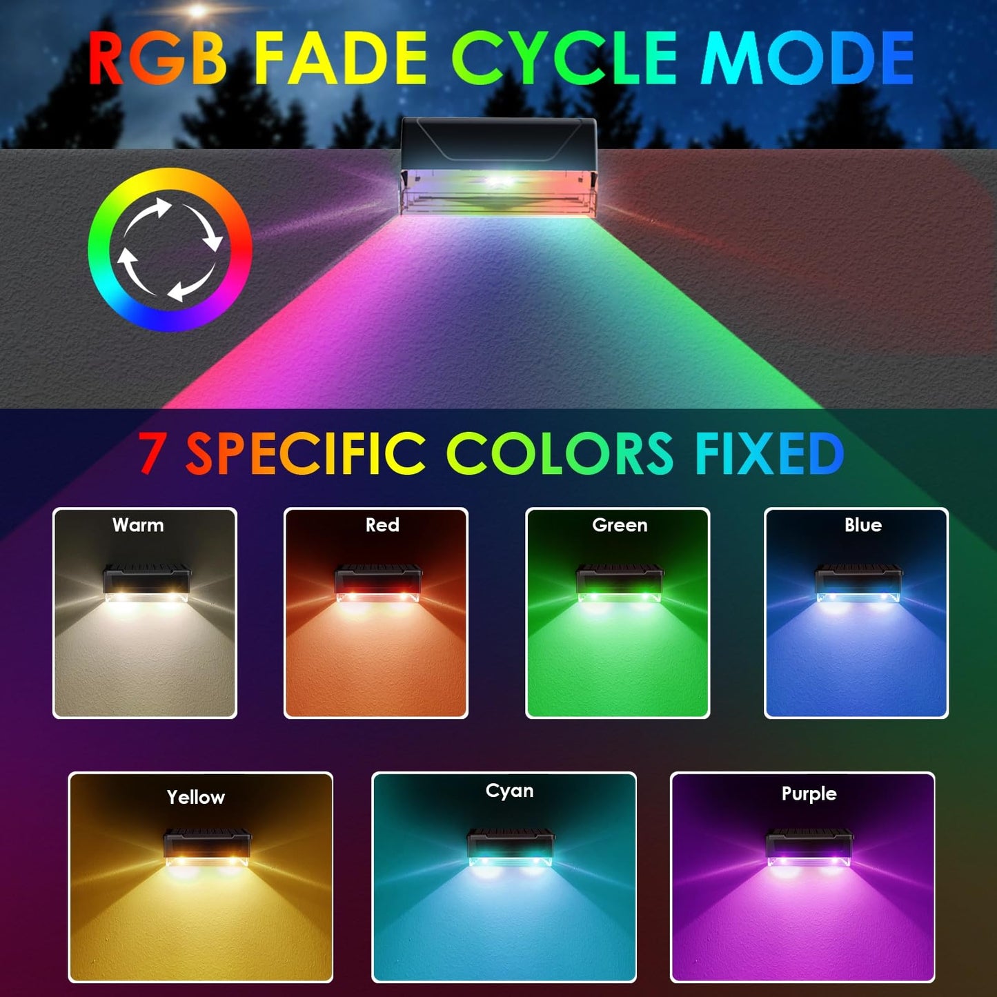 LIANGLOME 12PK Solar Fence Lights Outdoor Waterproof LED - Warm White & RGB 6 Color, Dusk to Dawn Deck Light, IP65 Waterproof Garden Lights for Outside/Backyard/Railing/Step/Patio/Wall