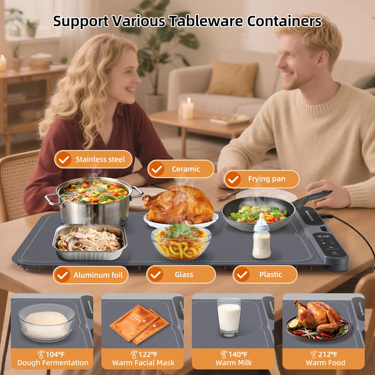 Budsom Food Warming Mat - 8s Fast Heating Electric Warming Tray with 7-Level Temperature & 8-Hour Timer, Roll-Up Portable Food Warmer for Home Dinner, Party, Travel, Outdoor Picnic (Standard)