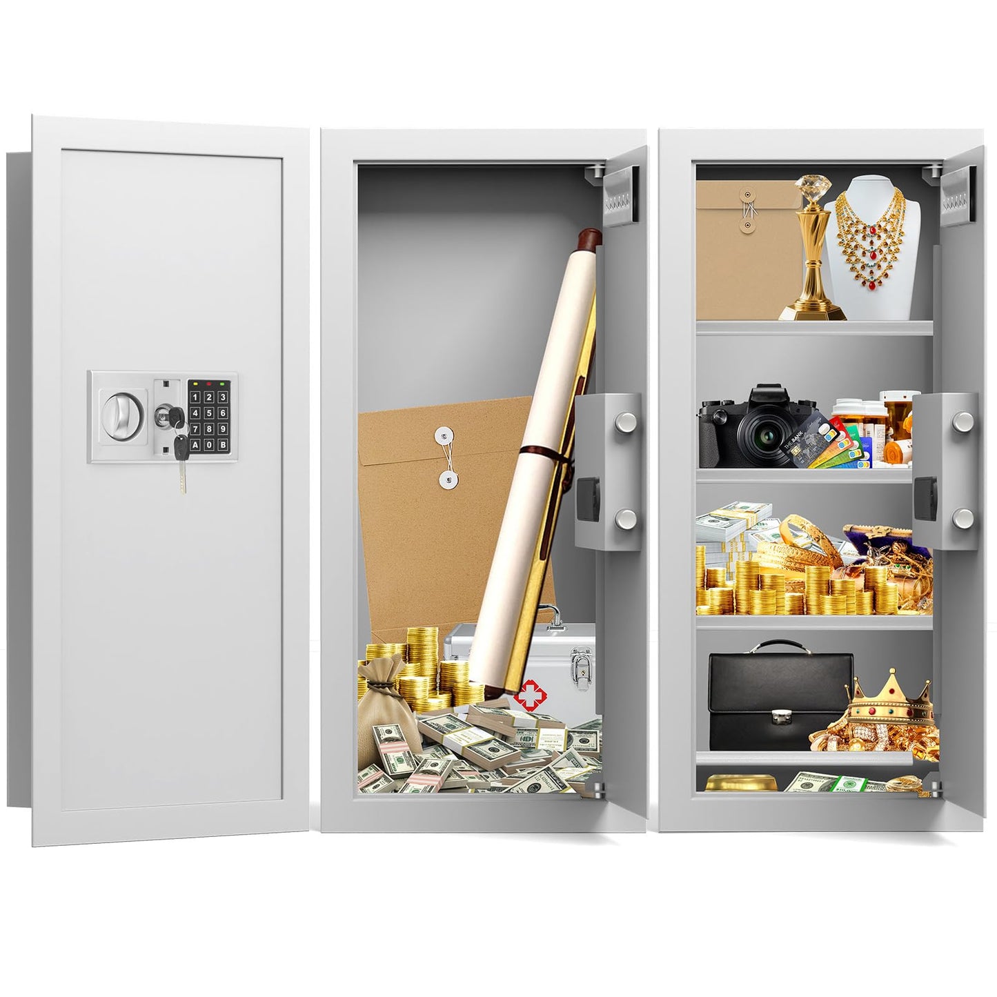 White 29.53" Tall Fireproof Wall Safes Between the Studs 16" Centers, Heavy Duty Combination Lock in Wall Safe with 3 Removable Shelf, Hidden Safe for Money, Jewelry, Document, Passport