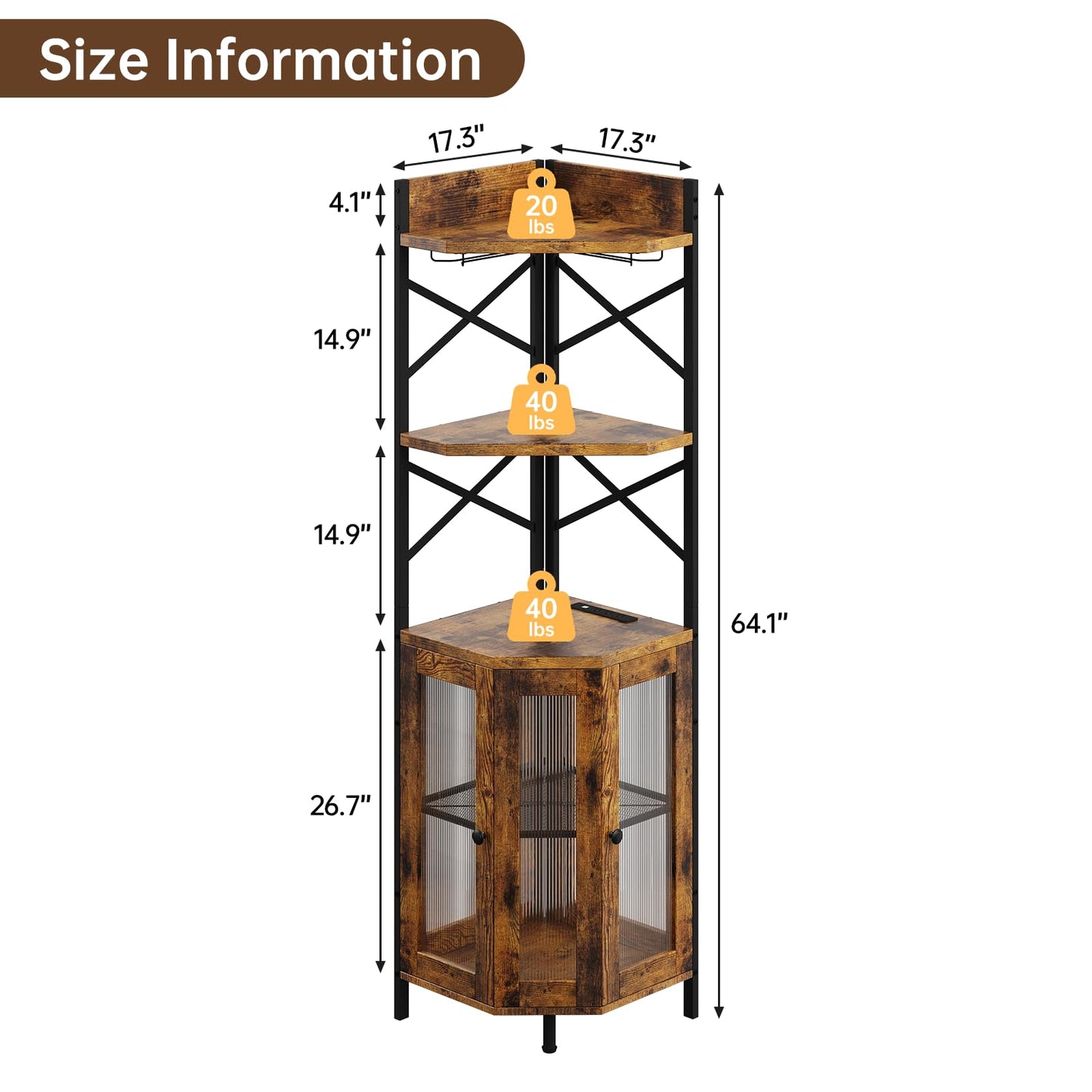 Airynee Corner Bar Cabinet with Power Outlet, 5-Tier Corner Wine Cabinet with Led Strip and Glass Holder, Industrial Tall Liquor Cabinet Bar Wine Rack for Home, Rustic Brown
