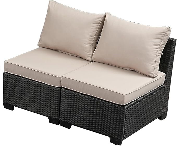 SunloungeCo 2 Piece Outdoor Wicker Armless Sofa, Patio Sectional Sofa Set with Thick Seat Cushions and 2 Back Cushions for Garden Patio, Backyard, Poolside Beige