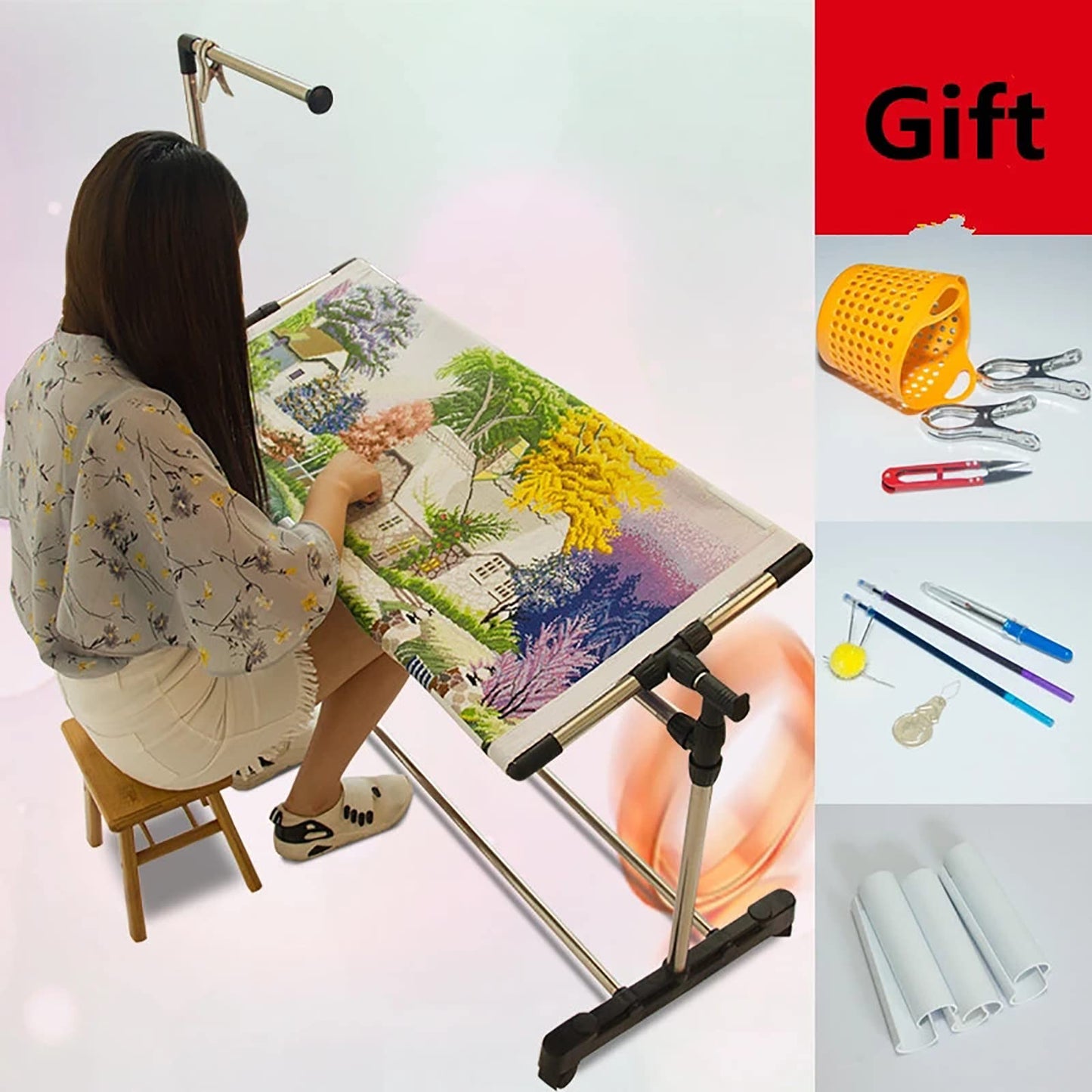 Height Adjustable Cross Stitch Craft Stand - Adjustable Embroidery Stand with Needlework Floor Frame for Art Sewing - Standing Embroidery Lap Table and Holder for Needlepoint and Embroidery Projects