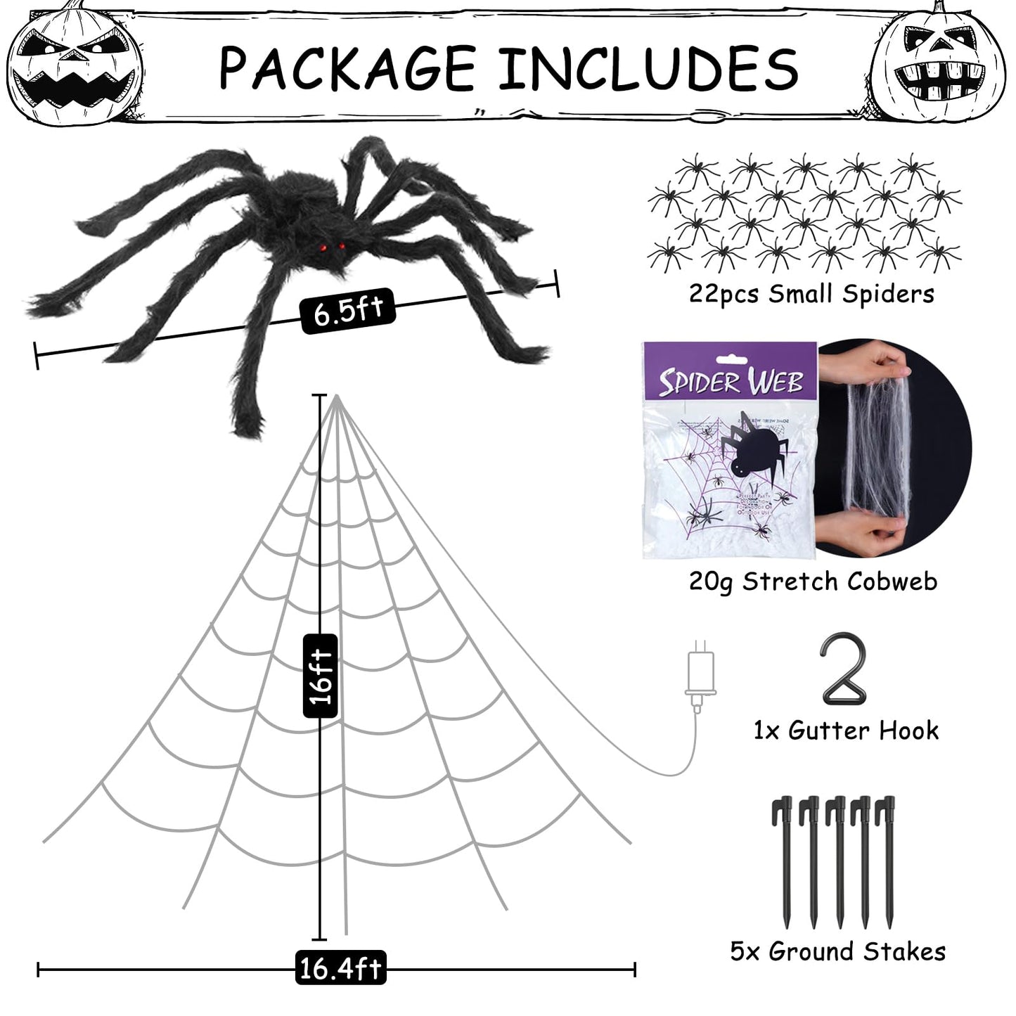 Spider Web Lights Halloween Decorations Outdoor, 135 Purple LED Light Up 16.4Ft Giant Spiderweb & 6.5Ft Large Spider & 22 Small Spiders & 20g Stretch Cobweb, 8 Modes Lighted Decor for Yard Outside