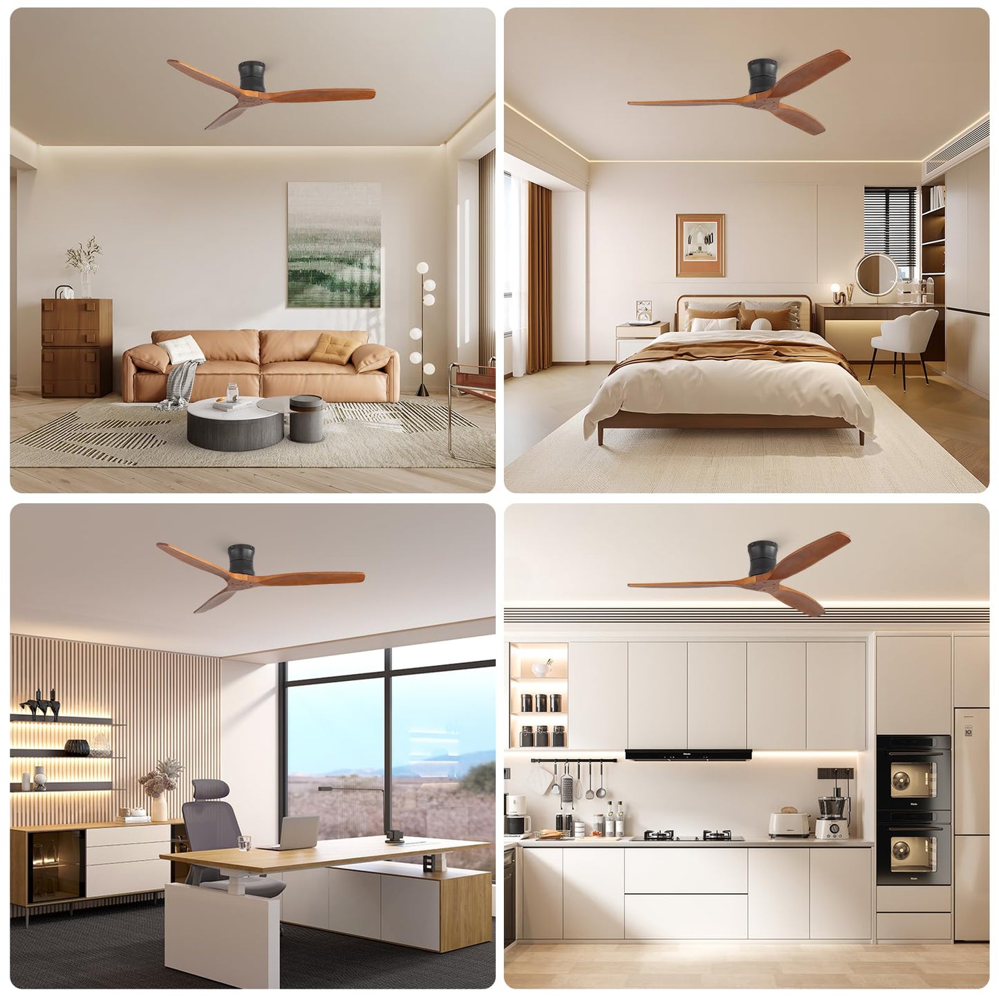 Sofucor 52" Smart Ceiling Fan No Light, Solid Wood Low Profile Ceiling Fan with Remote, Flush Mount Ceiling Fan Works with Alexa/Google/App 6-Speed Timing Reversible DC Motor for Living Room Bedroom