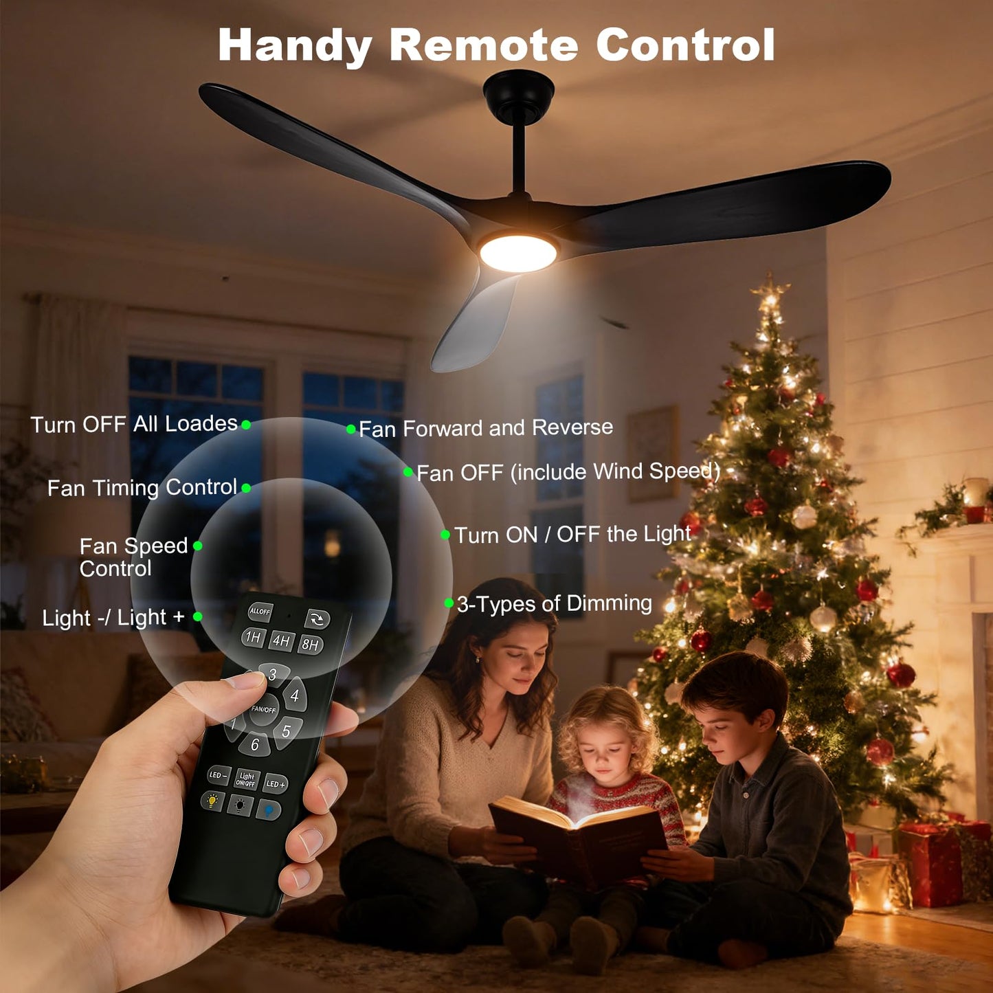 Mosanfan 52 Inch Ceiling Fans with Lights and Remote, Wood Outdoor Ceiling Fan with 6 Speed Noiseless DC Motor, Indoor Modern 3 Blade Propeller Ceiling Fan for Bedroom Living Room Gazebo Patio (Black)