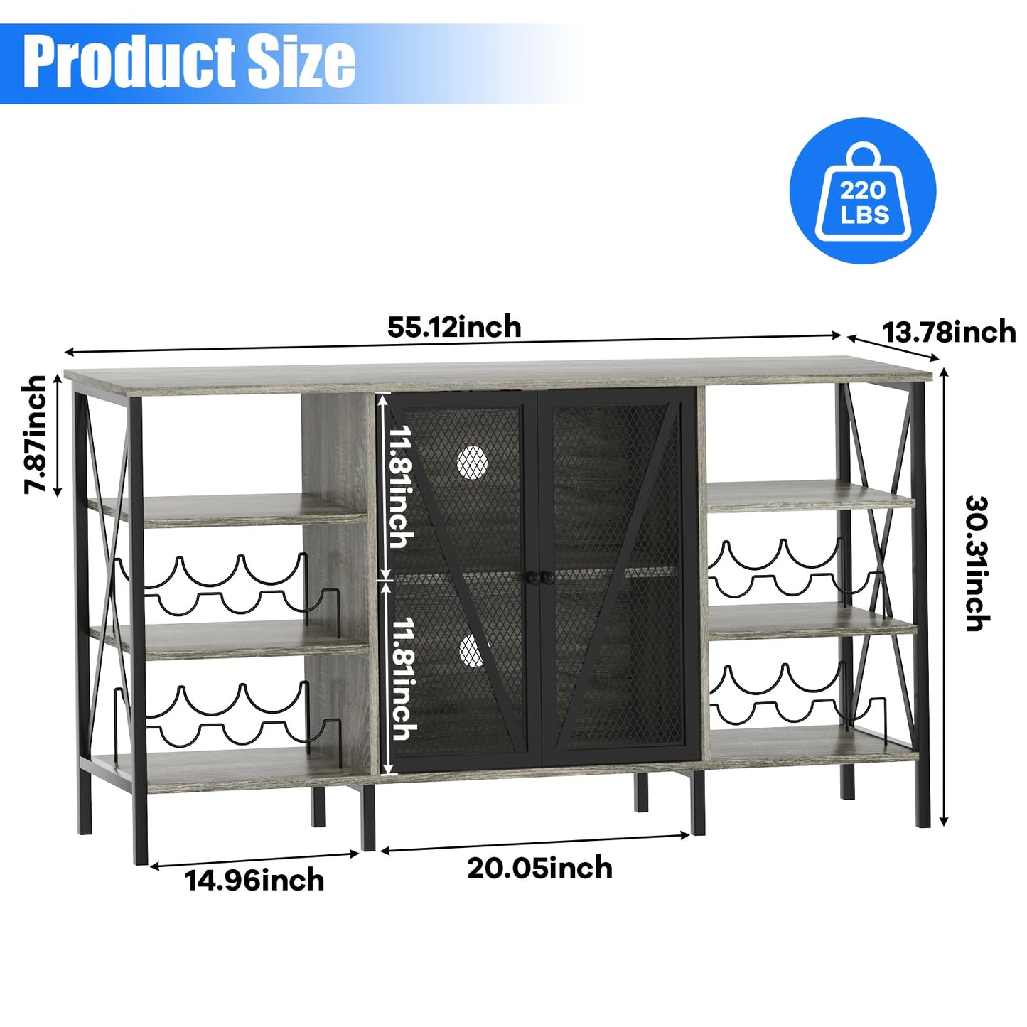 Garvee Farmhouse Wine Bar Cabinet with Wine Rack and Glass Holder, Rustic Coffee Bar with Led Light, Metal Sideboard and Liquor Table Cabinet with Mesh Door for Living Room, 55.12", Dark Grey