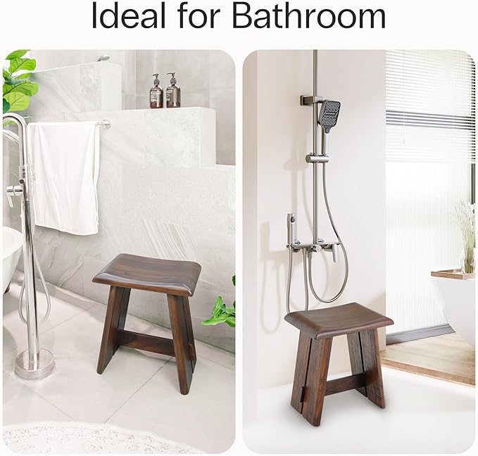 StrongTek Teak Shower Stool for Bathroom, Teak Bath Bench, 18" Height, Ergonomic Curved Seat, No Assembly Required, Compact & Stable Design, 350 lbs Capacity, Ideal for Shower, Spa & Home Use