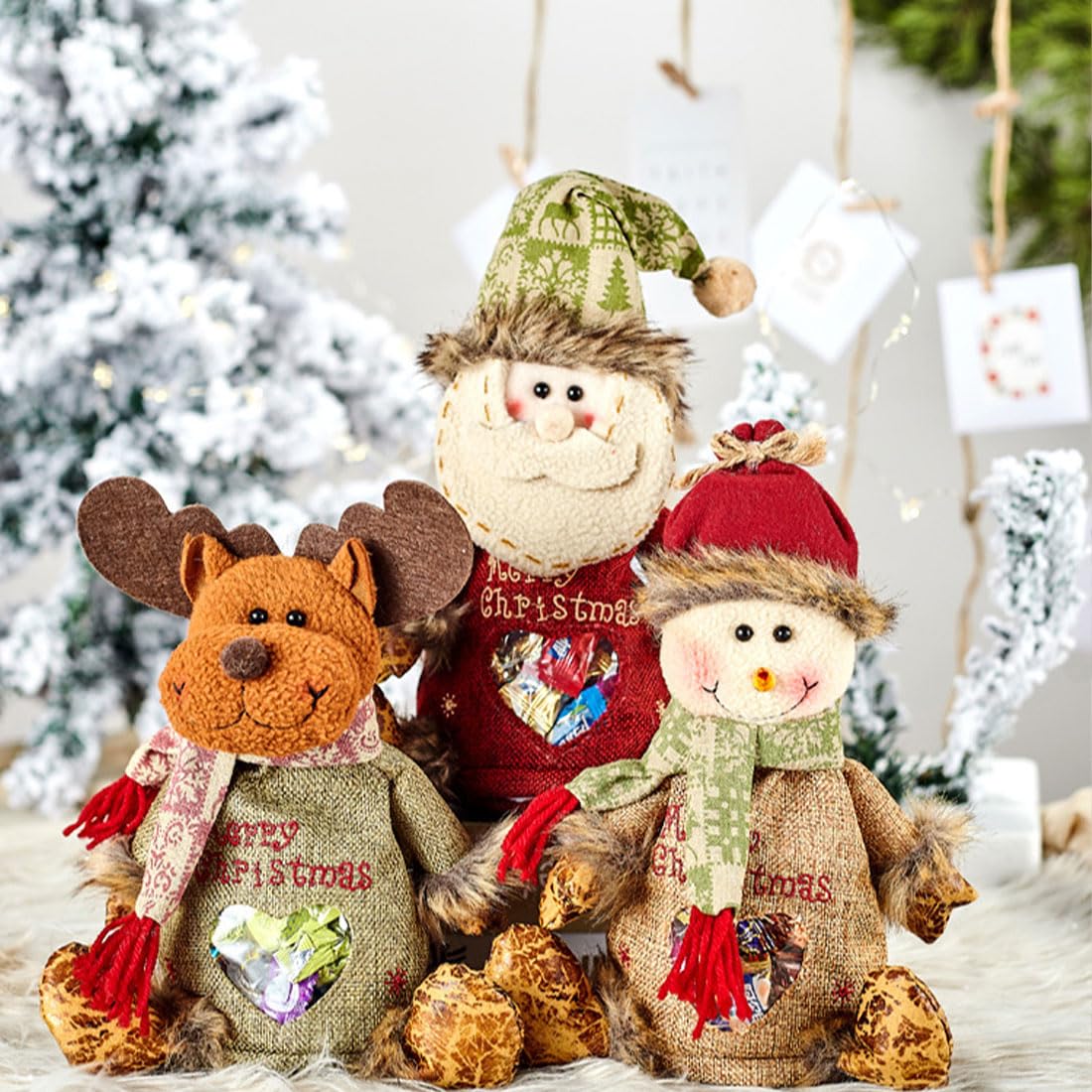 2026 New Christmas Gift Bags Zipper Design, Flax Fabric Christmas Apple Bags Zipper Reusable Santa Snowman Doll Storage Gift Bag for Chritmas Party Decor and Festival (G-3PC)