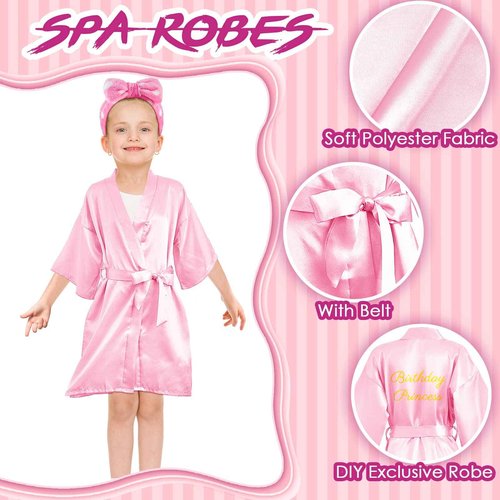 Xuhal 36 Pcs Spa Party Supplies for Girls 12 Kimono Robe V Neck Bathrobe 12 Soft Spa Headband 12 Disposable Foam Slippers small size(Size 8,Pink)