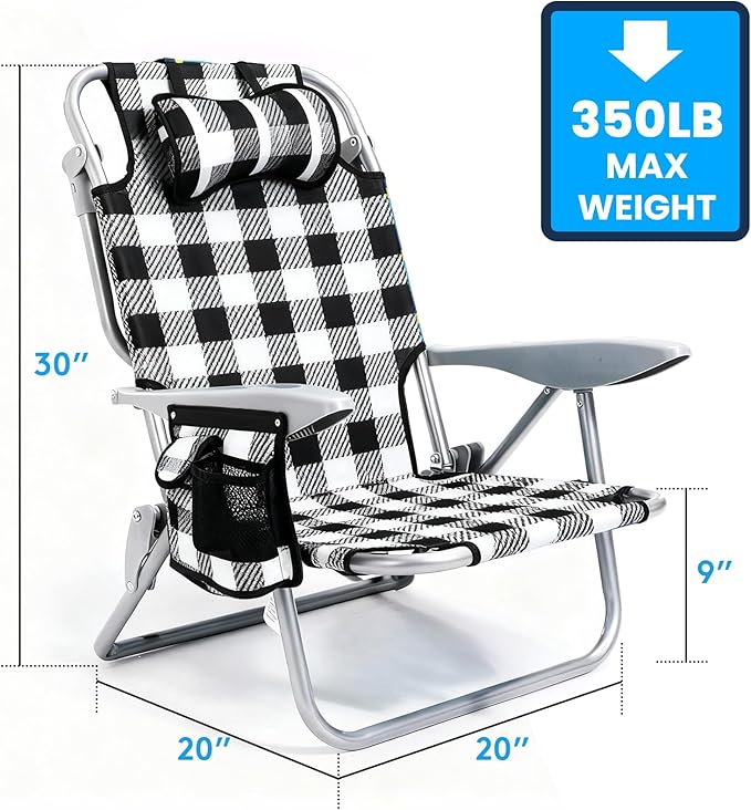 Canpsky Portable Beach Chair for Adults, Outdoor Camping Chair Lay Flat Folding Backpack Beach Reclining Chair with 5 Positions, Headrest, Cup Holder, Heavy Plaid