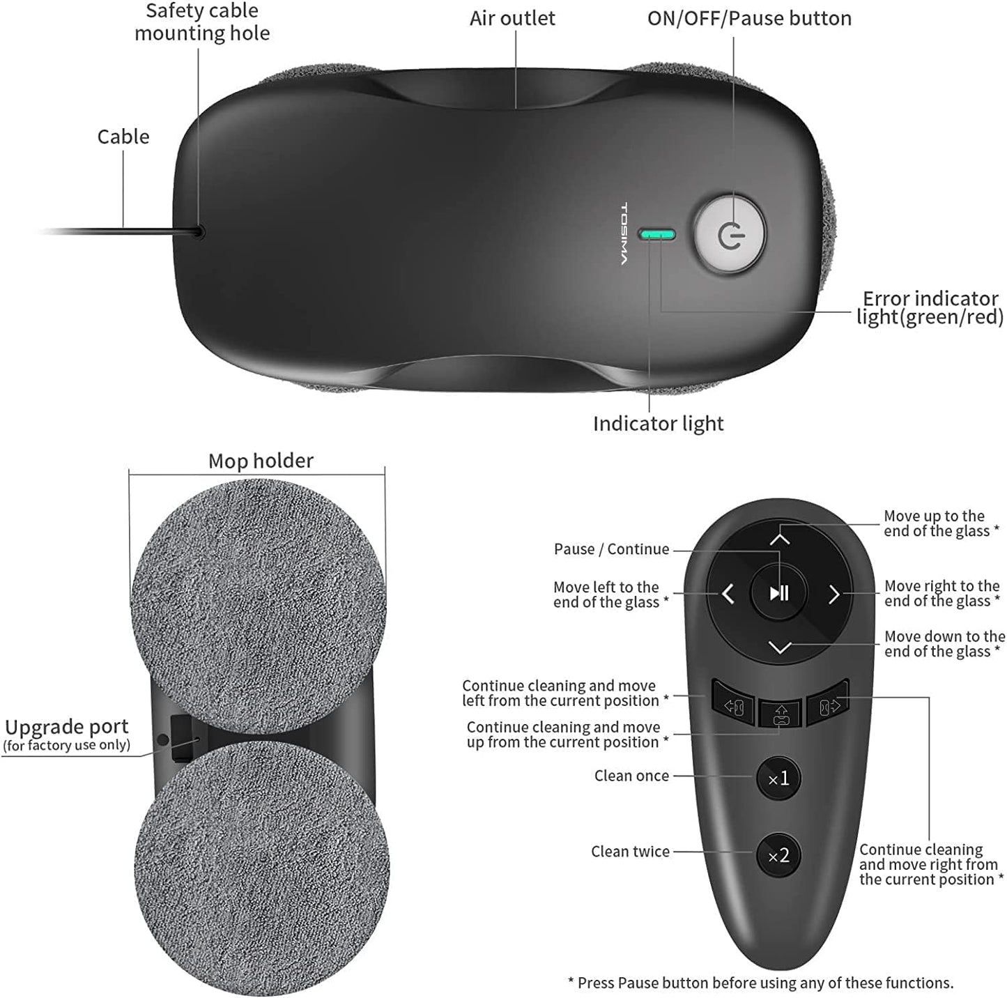 Tosima Window Cleaning Robot W2, Automatic Cleaning With Intelligent Path Planning, 3800Pa Suction Power, Edge Detection Technol