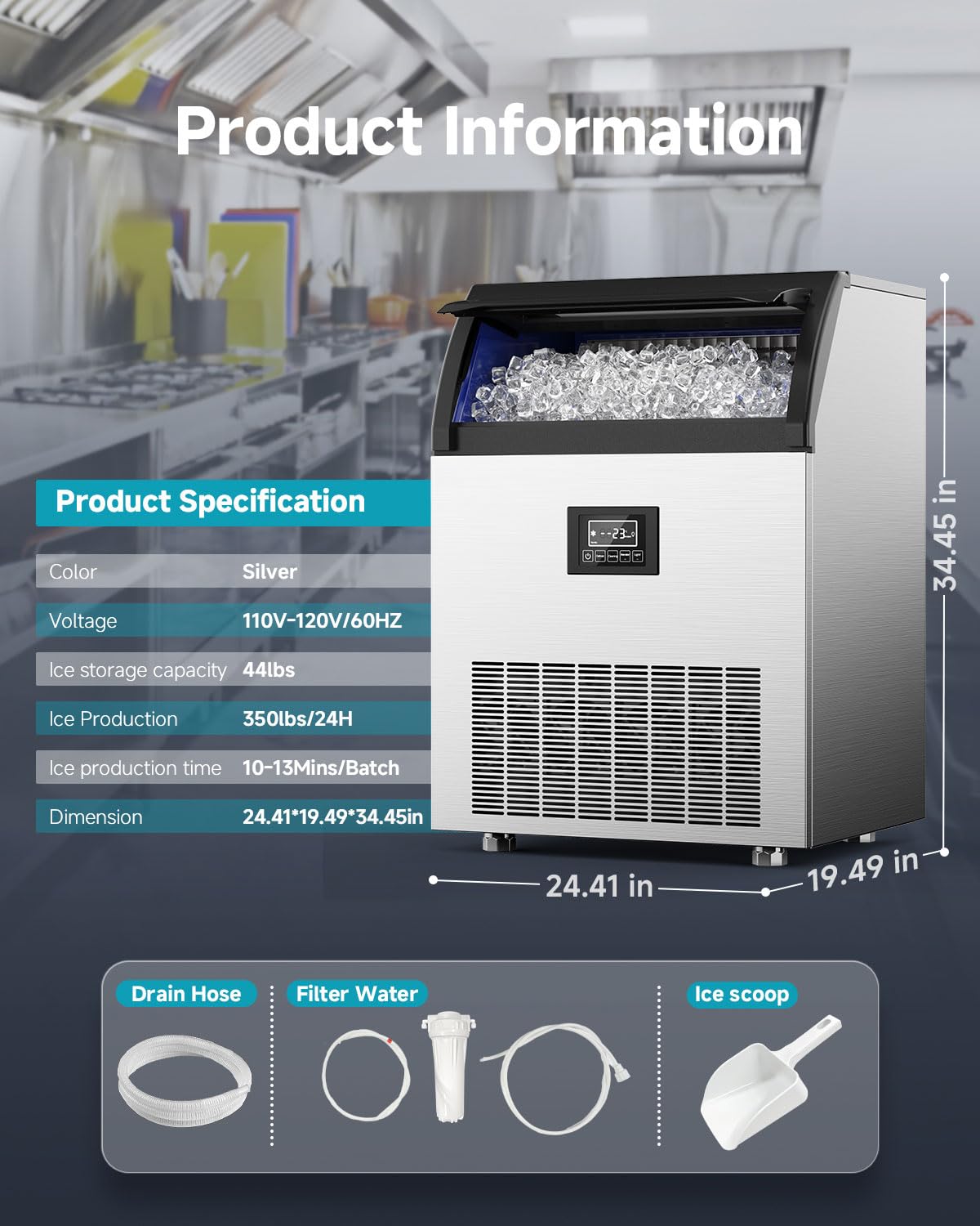 EUHOMY Commercial Ice Maker,350lbs/24H,Stainless Steel Under Counter Ice Machine with Water Filter,44lbs Storage Capacity, 126 Cubes in 8-12 Mins, Freestanding Ice Machine for Home/Bar/Cafe/Restaurant