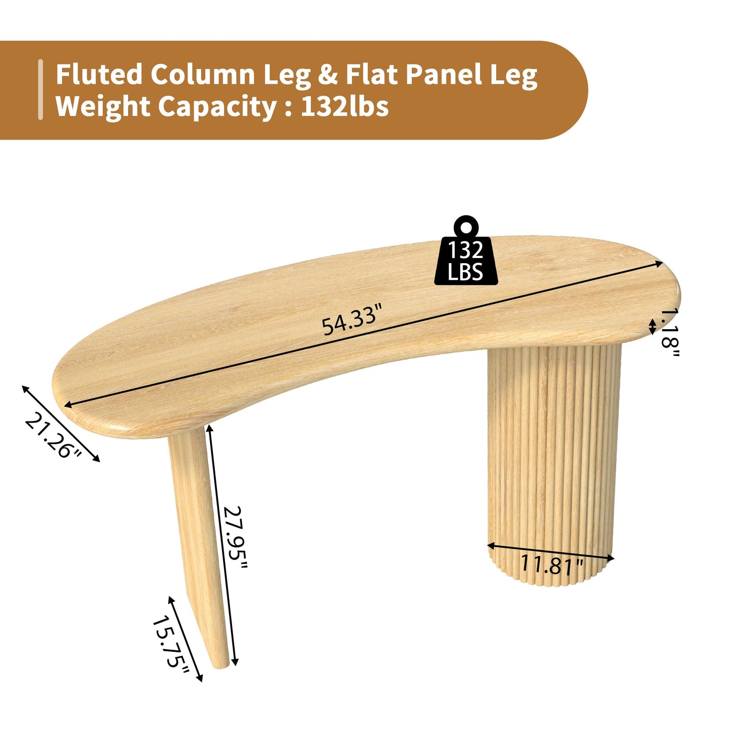 LEVNARY 54.3" Curved Small Computer Desk, Wooden Executive Desk with Sturdy Fluted Legs, Modern Luxury Corner Single Writing Vanity Desk for Bedroom Living Room Home Office (Natural)