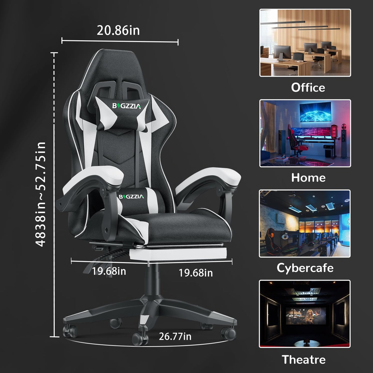 Bigzzia Gaming Chair with Footrest, Ergonomic Computer Game Chairs, Headrest and Lumbar Support, Adjustable Height, Reclining, Racing Style, and 360°Swivel Seat, Black/White