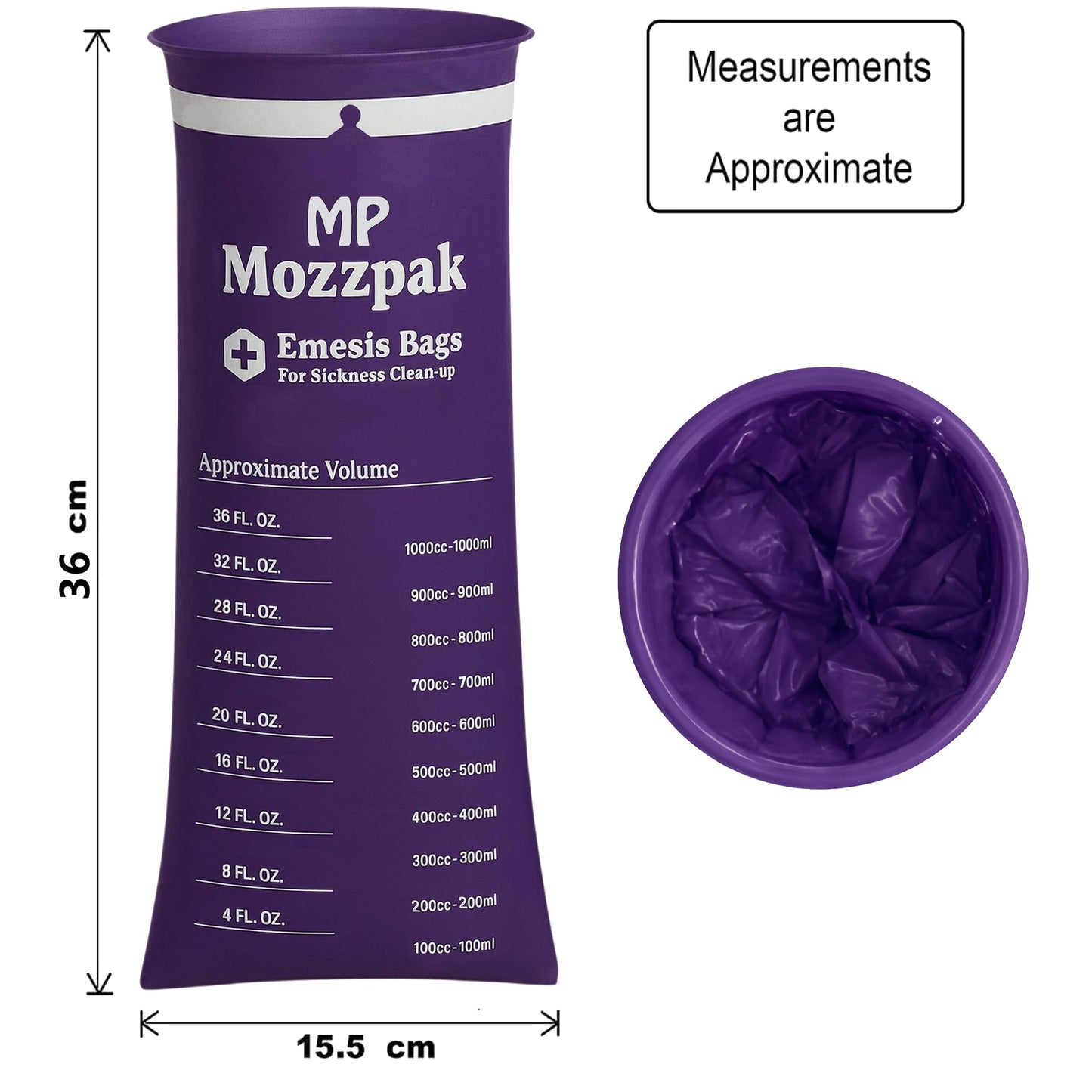 MP MOZZPAK Vomit Bags Disposable 50 Pack - 1000ml Emesis Bags, Leak-Proof Barf Bag, Travel Friendly Puke & Nausea Bag for Motion Sickness, Medical Grade Throw up Relief for Car, AirPlane, & Road Trip