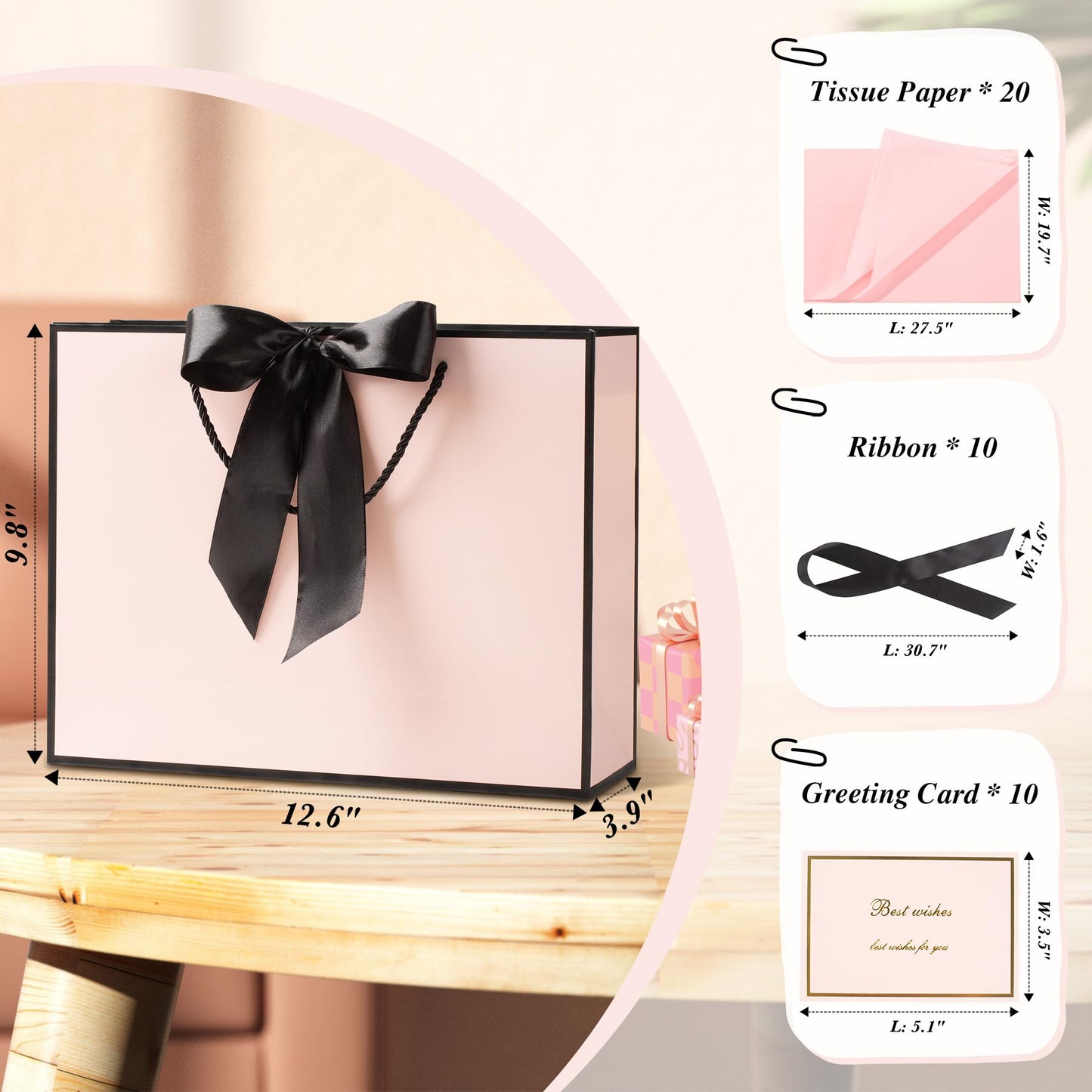 PASEOTA 12.6" Gift Bags Medium Size Set of 10 - Includes Tissue Paper, Cards & Ribbons, Luxury Gift Bags with Handles for Holiday Wedding Birthday (12.6" x 9.8" x 3.9", Pink Black)