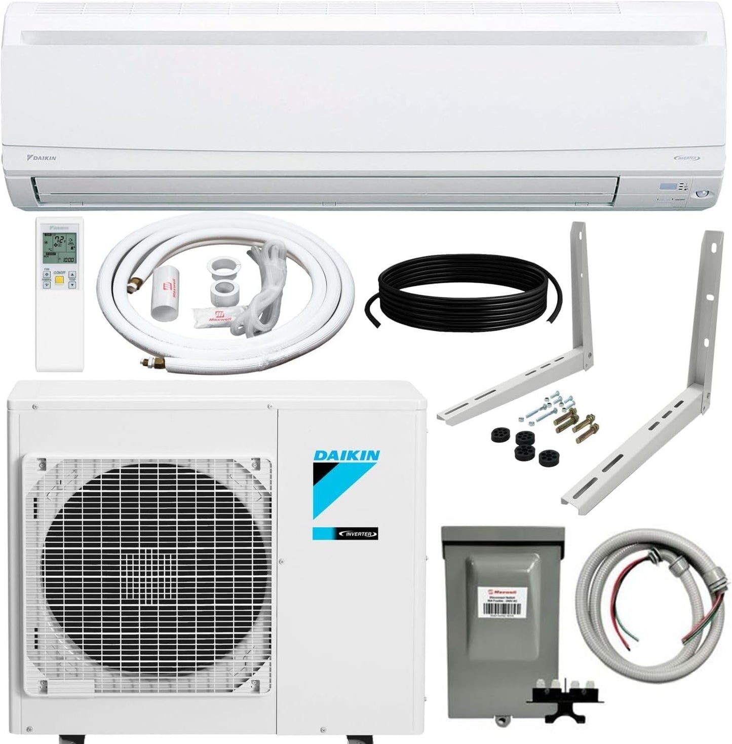 Daikin 18,000 BTU 19.5 SEER2 LV Series Ductless Mini-Split Wall Mount Heat Pump Air Conditioner with 15 Installation Kit, Wall