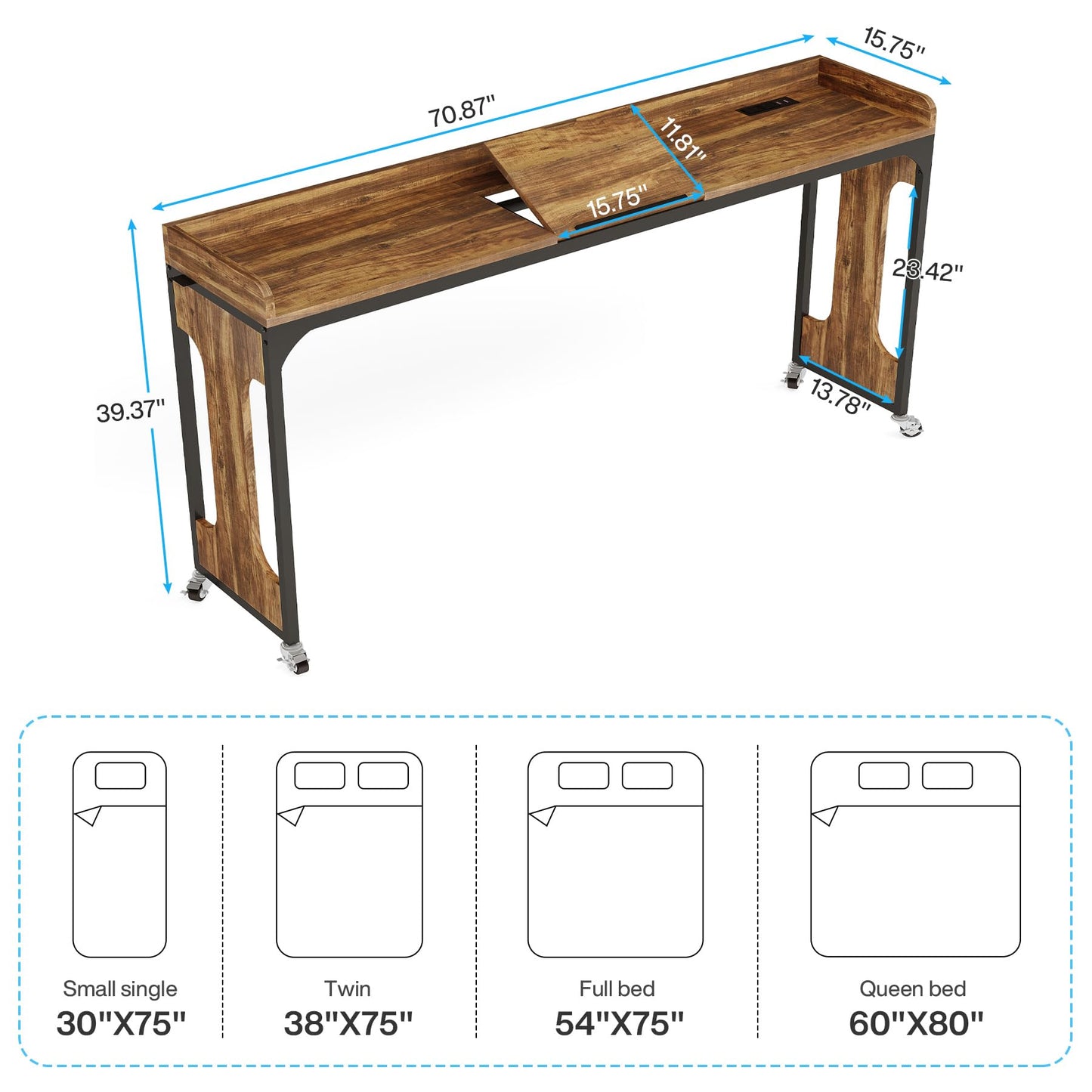 Tribesigns Overbed Table with Wheels, 71" Queen Size Bed Table with Adjustable Tilt Board, Mobile Laptop Cart with Outlets & USB Ports