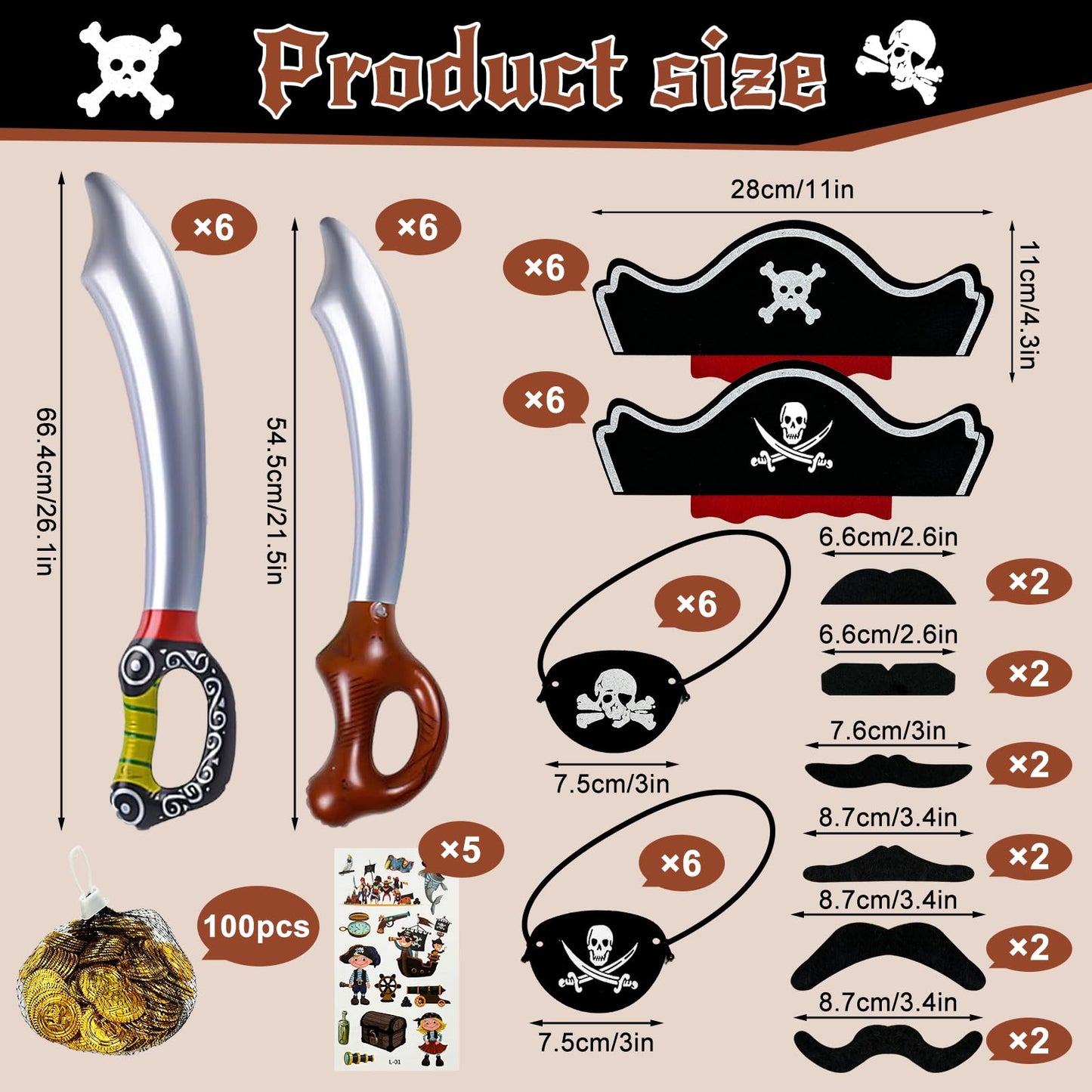 Fun Pirate Party Supplies Set - 153-Piece Fun Pack for Kids: Pirate Birthday, Adventure & Souvenir - Includes 12 Hats, 12 Eye Patches, 12 Swords, 12 Beards, 12 moustaches,100 Gold Coins & 5 Stickers