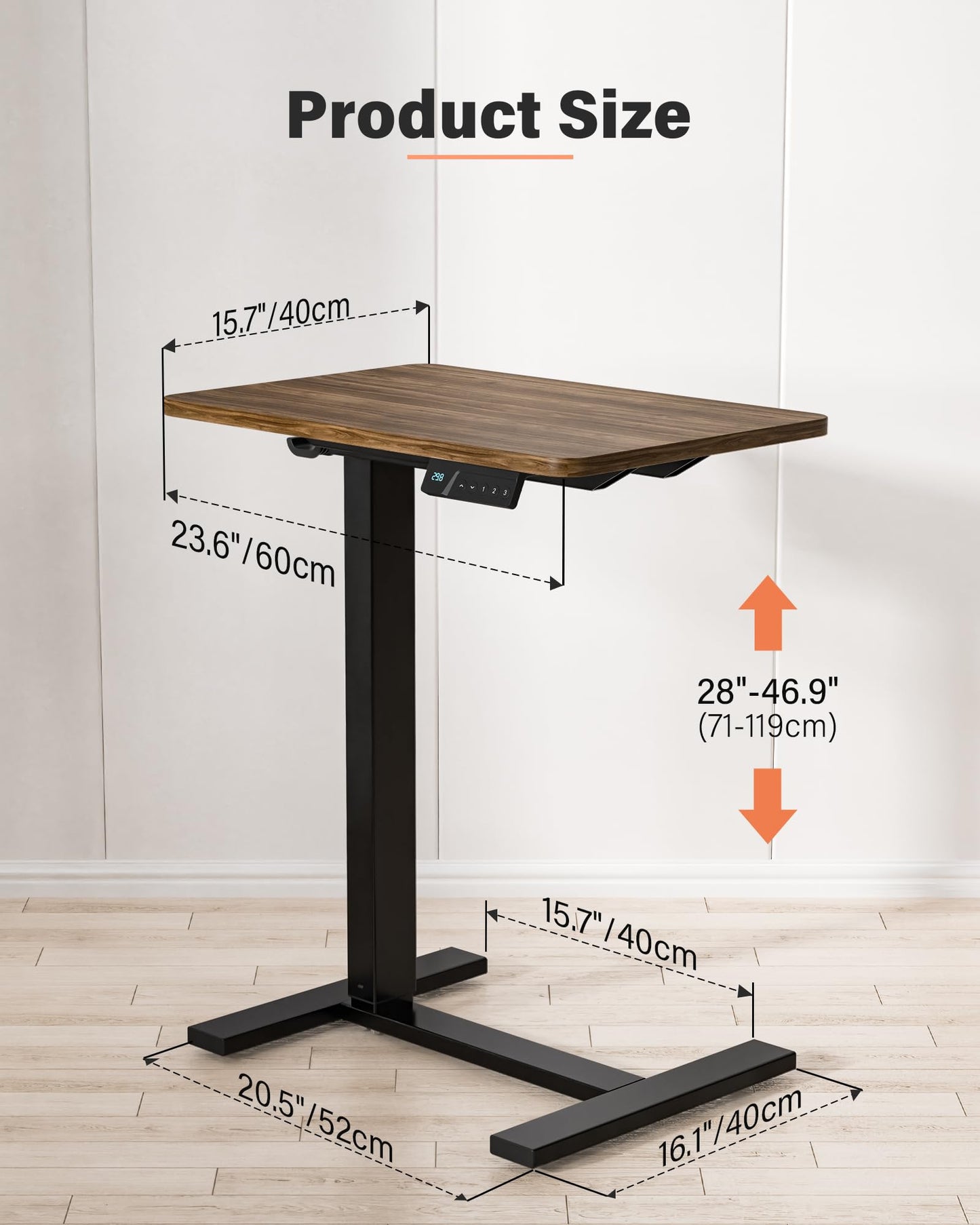 FiCiHi Mobile Standing Desk with Wheels - Electric Height Adjustable Small Movable Laptop Desk, Portable Rolling Computer Workstation Sit Stand Table for Home Office, Sofa & Bedside Use(23.6", Walnut)