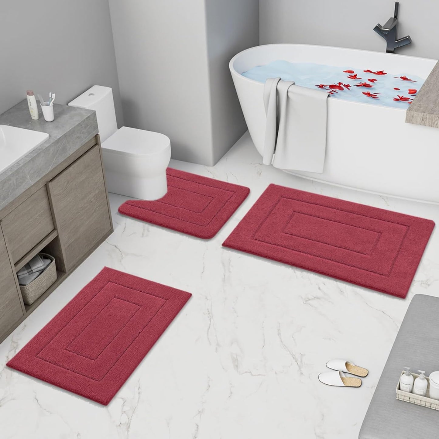 Buganda Bathroom Rugs, 47" x 24", Soft and Absorbent Microfiber Bath Rugs, Non-Slip Shaggy Shower Carpet, Machine Wash Dry Bath Mats for Bathroom Floor, Tub and Shower, Burgundy