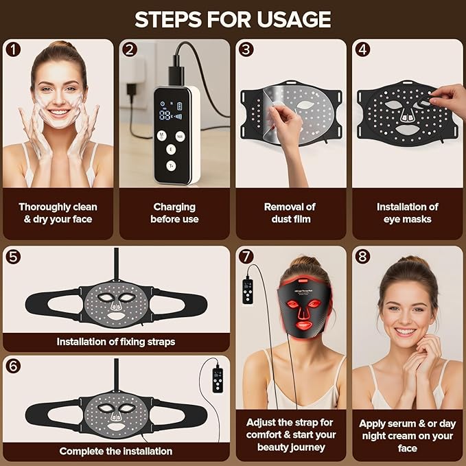 LED Face Mask Light Therapy, 3 Modes Portable Red Light Therapy for Face with Rechargeable Remote, Red Light Mask, at Home(Dark Black)
