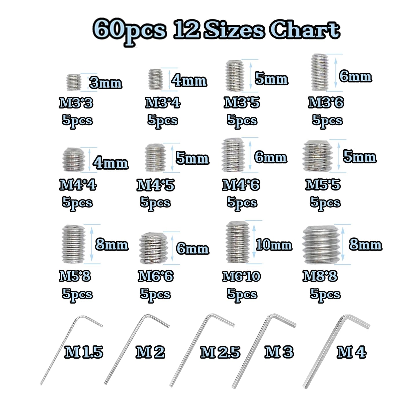 60pcs Set Screws, Allen Head Screws, Grub Screws M3 M4 M5 M6 M8 for Home Repair, Install Door Lock, Repair Furniture, Electronic Product, DIY, Fixtures (Stainless Steel 12 Sizes)