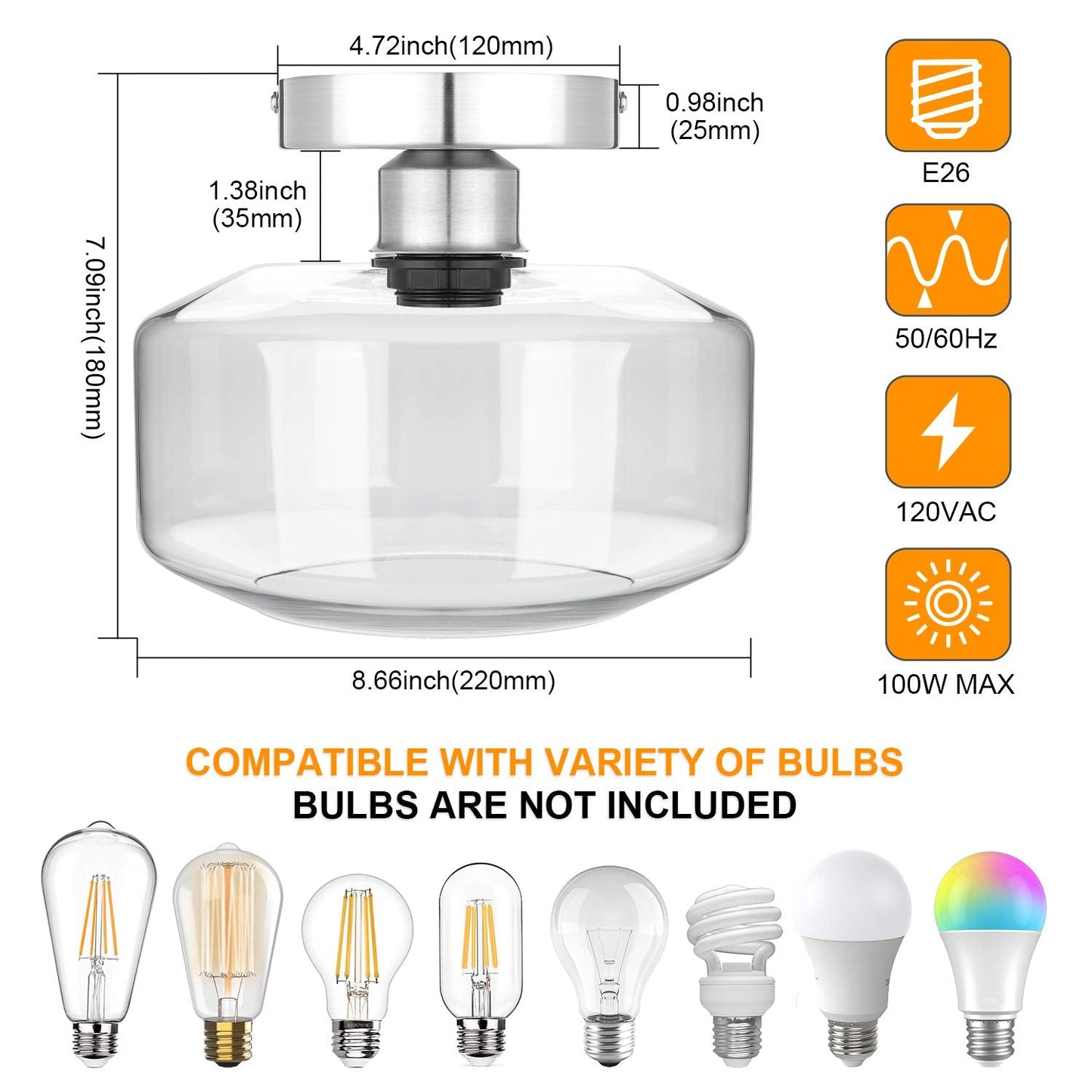 MAXvolador Industrial Semi Flush Mount Ceiling Light Brushed Nickel, Clear Glass Pendant Lamp Shade Farmhouse Lighting Hallway, Hanging Light Fixture