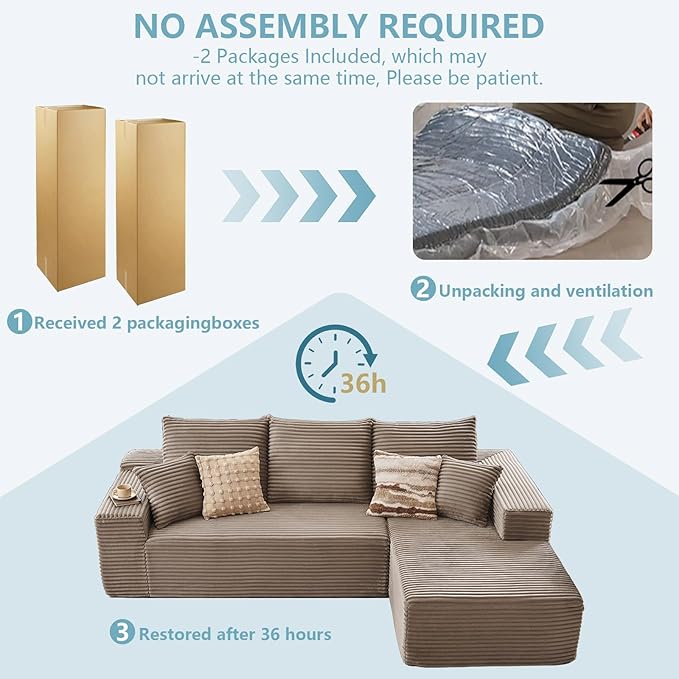 96" Cloud Sectional Couch with L-Shape Chaise, Modern Corduroy Boneless Couch for Living Room,Memory Foam Sofa with Deep Seat,No Assembly Required (Camel,Right-Facing Chaise)