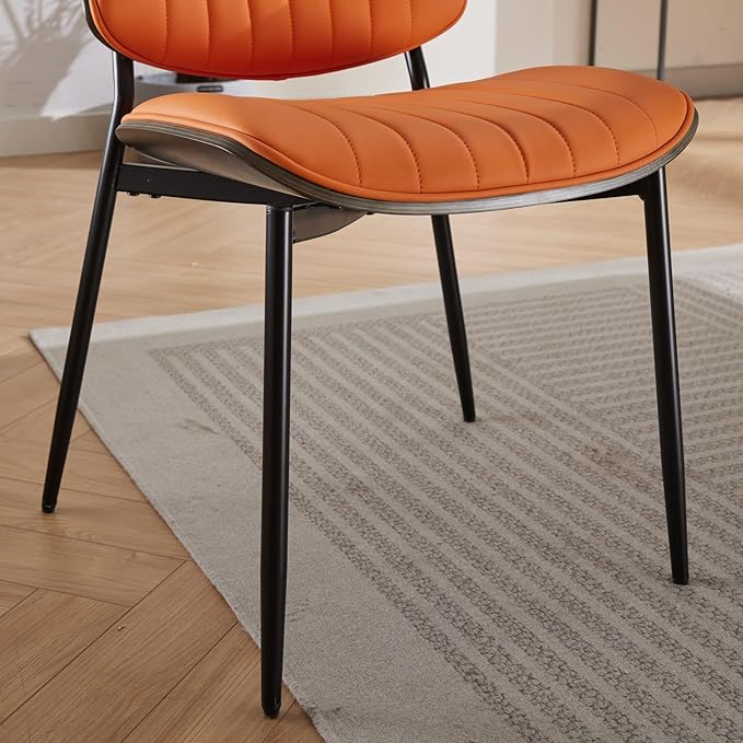 YaFiti Dining Chairs Set of 6, Mid Century Modern Accent Dining Room and Kitchen Chairs, Upholstered PU Leather Vertical Stripe Chairs for Vanity with Walnut Bentwood and Metal Legs, Orange