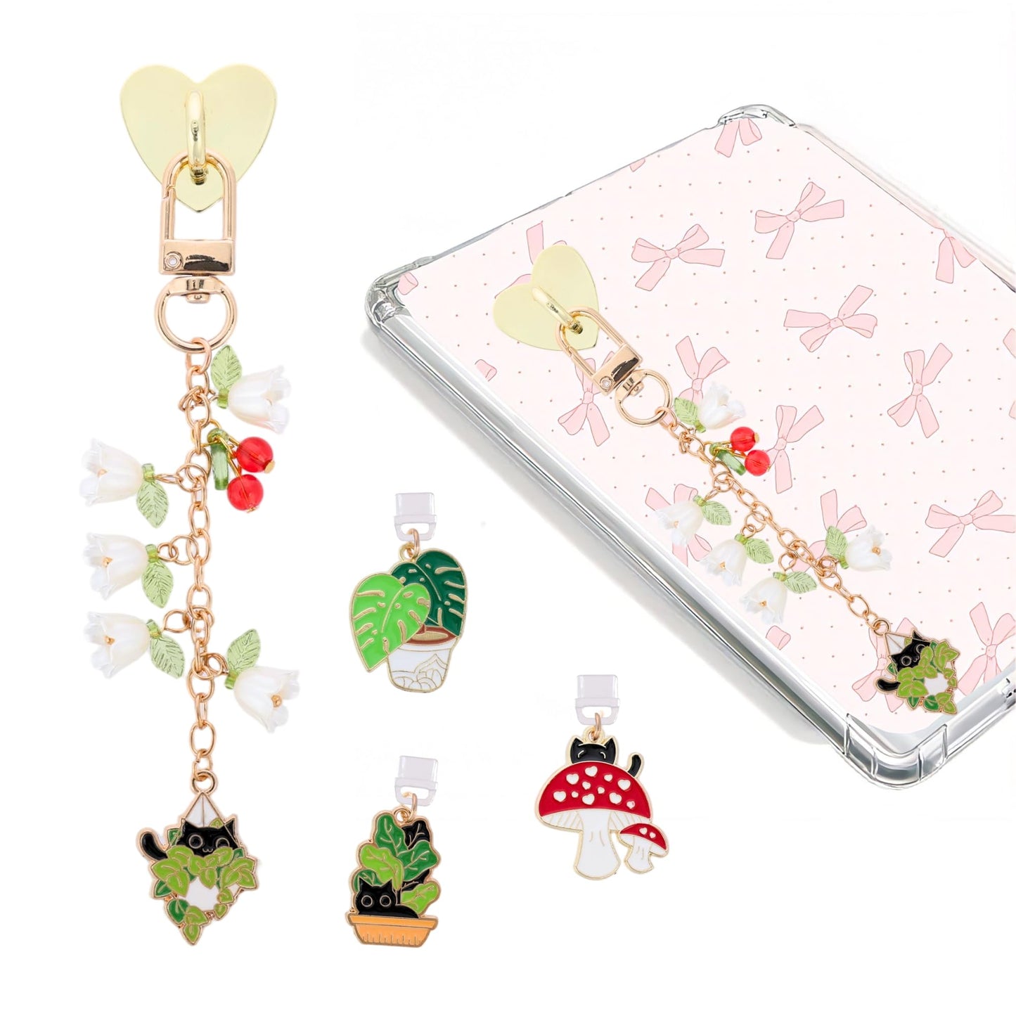TAKEALOOKO Dust Plug Charm Chains Set for Kindle - 4Pcs Cute Black Cat Plants E-Reader Phone Charms Type C Dustplug & Bracelet S