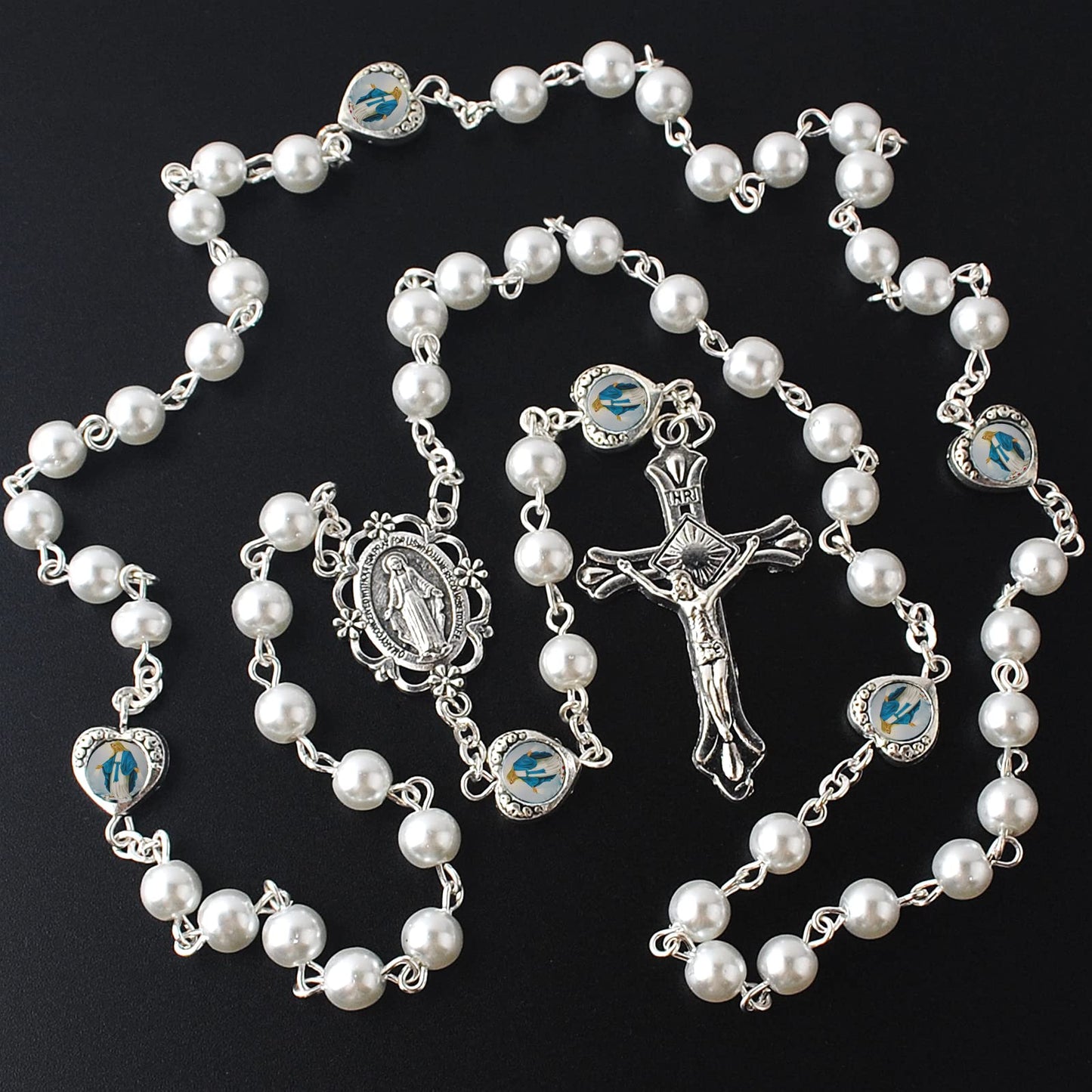 HanlinCC Glass Pearl Beads with Miraculous Epoxy Heart Metal Beads Rosary Necklace pack in Velvet Gift Bag with Rosary Pray Card