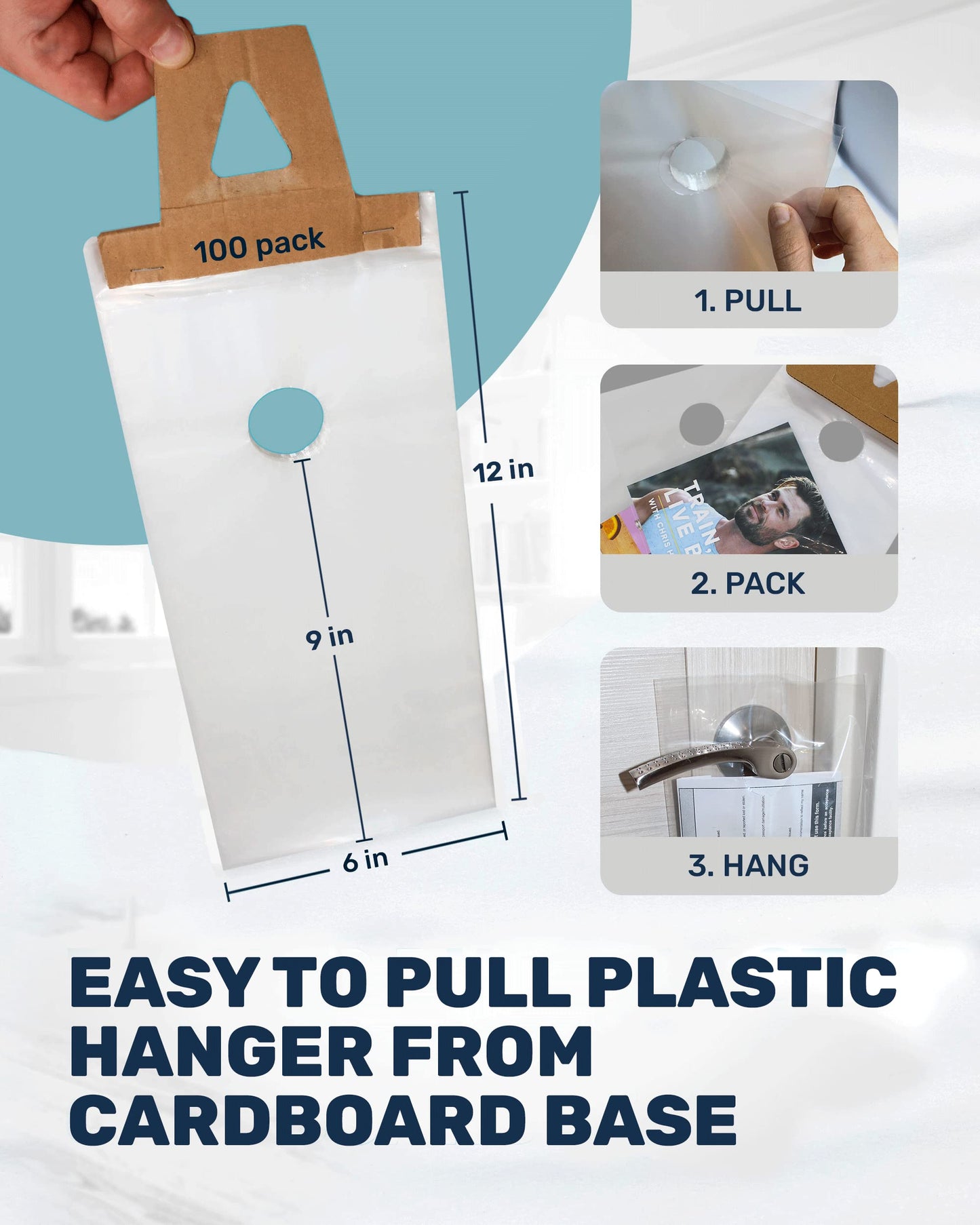 TidyFriend Plastic Door Hanger Bags 6” x 12” (100 Pack), Clear Door Hanger Bags Protects Flyers, Brochures, Notices, Printed Materials - Waterproof and Secure Door Knob Hanger Bag for Outdoor Use