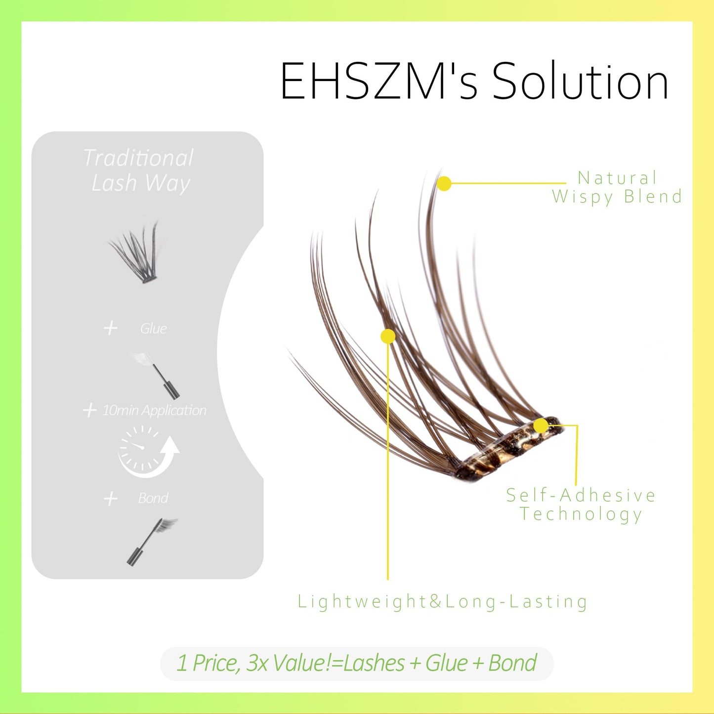 Brown Self Adhesive Lash Clusters - EHSZM BEAUTY POP-PRESS No Glue | Invisible Clear Band, Warm Tone for Daily/Party Makeup 3s E