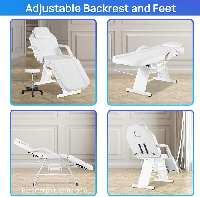 Facial Chair Tattoo Chair Massage Bed Adjustable 3-Section Multipurpose with Hydraulic Stool for Esthetician Beauty Spa Tattoo Eyelash Equipment White
