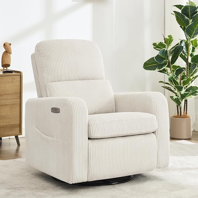 AEMEIOS Swivel Rocker Recliner, Oversized Power Recliner Glider with Removable Cushion, Upholstered Swivel Reclining Nursery Chairs for Living Room Bedroom, Corduroy White