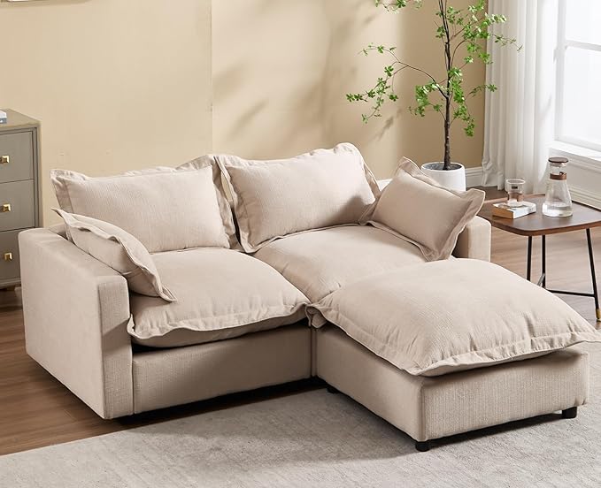 chairus 68" Love-Seat Sofa with Movable Ottoman Upholstered Linen Deep Seat Couch with Pillow Modular Oversized Couch Sleeper for Living Room, Bedroom, Reception Room, Apartment, 2-Seater/Oatmeal