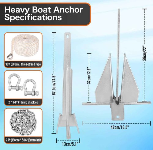 JOHAHTANG 13Lbs Heavy Duty Boat Anchor Kit, Fluke Style Anchor Kit with Anchor Chain and Boat Anchor Rope Set for Boats Pontoon, Deck, Sail, Fishing, Portable Hot Dipped Galvanized Fluke Style Anchor