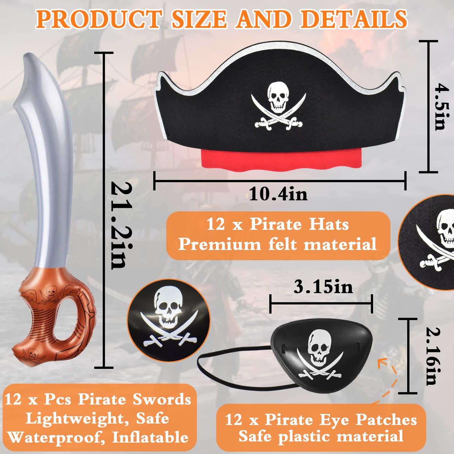 ZeeDix 36 Pcs Pirate Hat Set - Pirate Party Favors 12 Hats 12 Inflatable Sword 12 Eye Patches for Adults, Pirate Theme Party Supplies for Halloween Masquerade