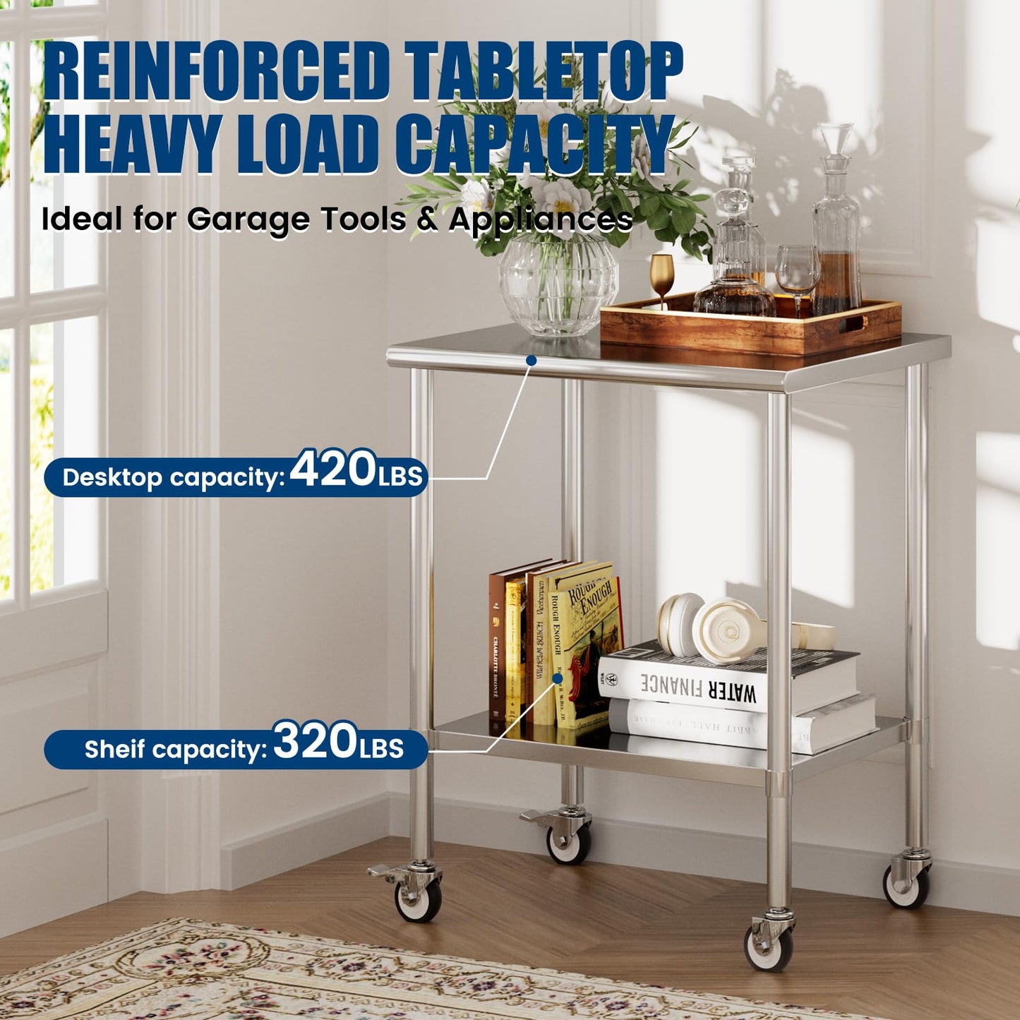 Chingoo Stainless Steel Work Table with Wheels, 24x30 Inch NSF Kitchen Prep Table with Adjustable Undershelf for Commercial Restaurant, Garage, Outdoor BBQ
