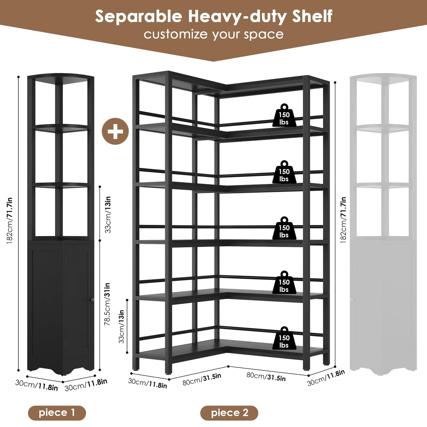 Keyluv Black Corner Bookshelf 72" Tall Corner Book Shelves Cases 2 Pieces Open Bookcase Large Storage Display Shelf Standing 6 Tier Shelving Unit with Cabinet for Home office Living Room, Wood & Metal