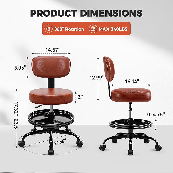 Shop Stool with Wheels for Garage, Mechanics Rolling Chair with Backrest, Adjustable Height Heavy Duty Garage Stool with Footrest and Storage Tray, Swivel Task Chair for Workshop Kitchen Salon