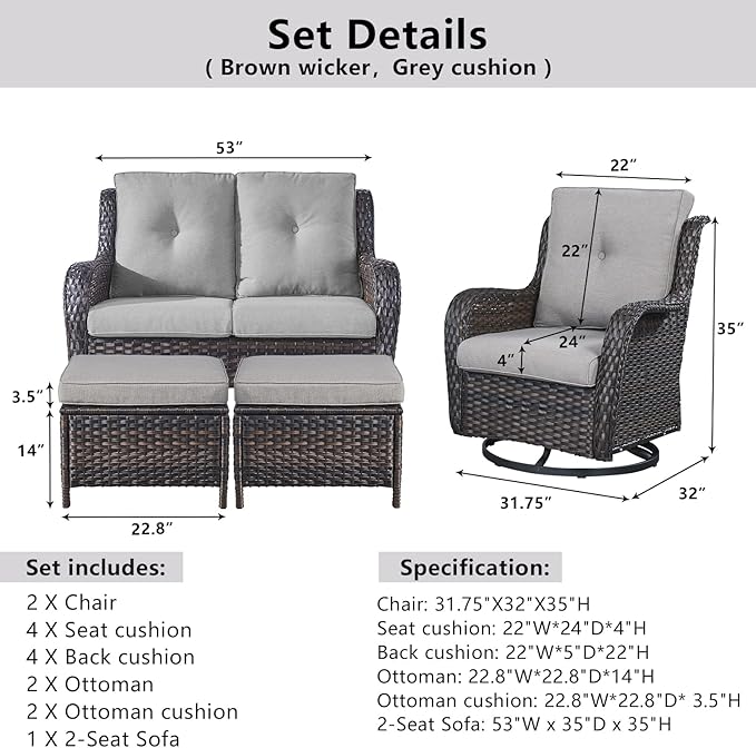 Belord 5 Piece Outdoor Patio Furniture Set - Wicker Furniture Patio Conversation Set, Outdoor Swivel Rocker Chairs with Loveseat Sofa and 2 Ottomans for Small Space, Gray Cushion