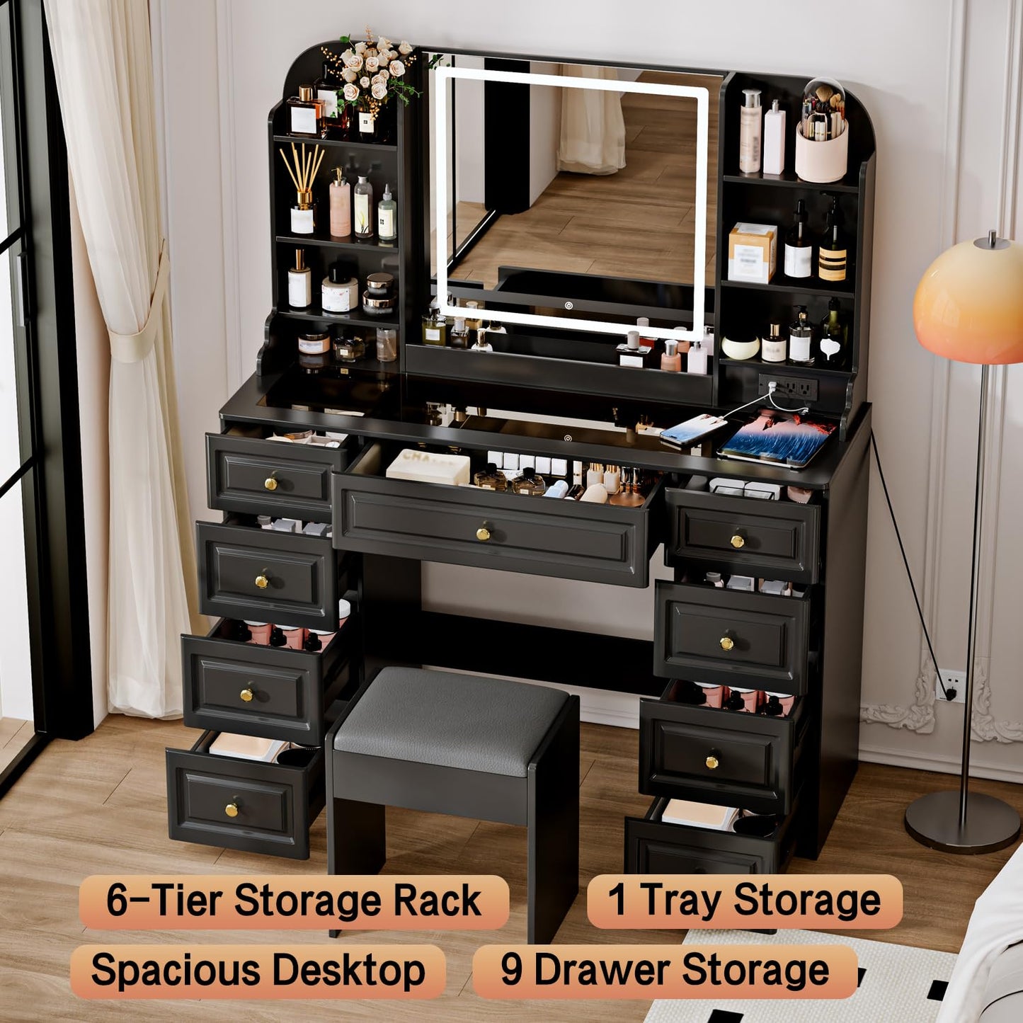 Arulvmrn 42" Makeup Vanity Desk with Mirror and Lights, & Power Outl, Glass Top Big Vanity Table with 9 Drawers& 8 Storage Shelves, Dressing Table Set with Chair for Bedroom, Black