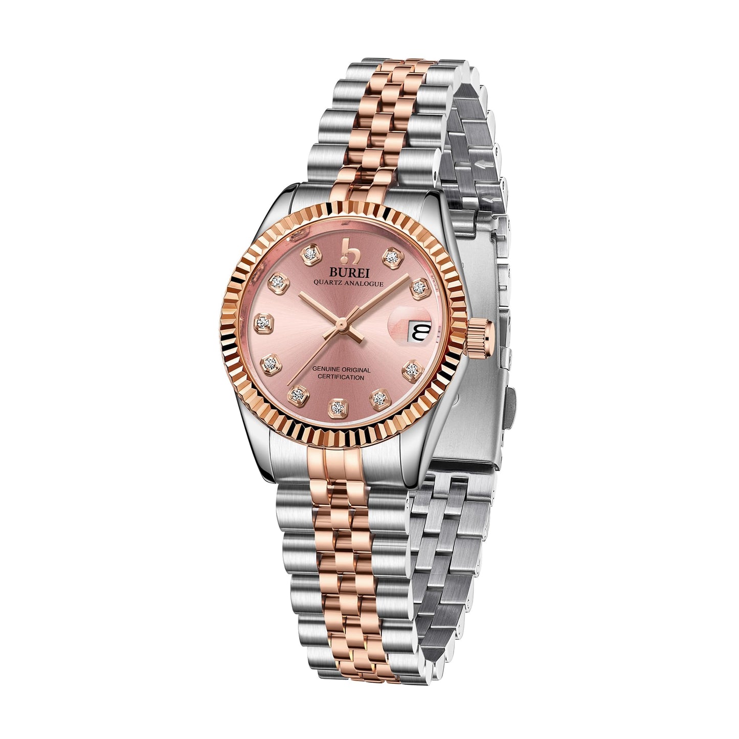BUREI Women's Rose Golden Watch Silver Stainless Steel Classic Quartz Women Watches with Date Fashion Business Small Face Diamond Waterproof Ladies Watches,Gift for Women