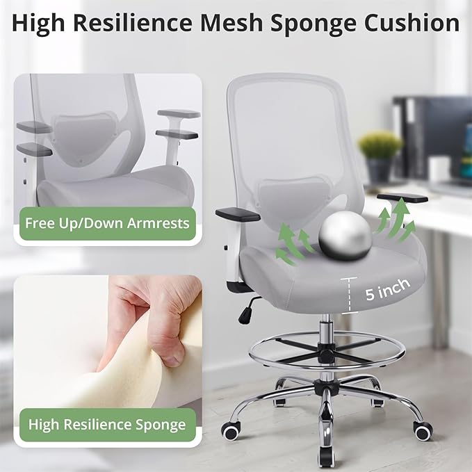 Heavy Duty Office Drafting Chair, High Back Ergonomic Chair,400Lbs Tall Office Chairs, Big and Tall Office Chair with Flip-up Armrest Lumbar Support and Footrest, Adjustable Counter Height Chairs