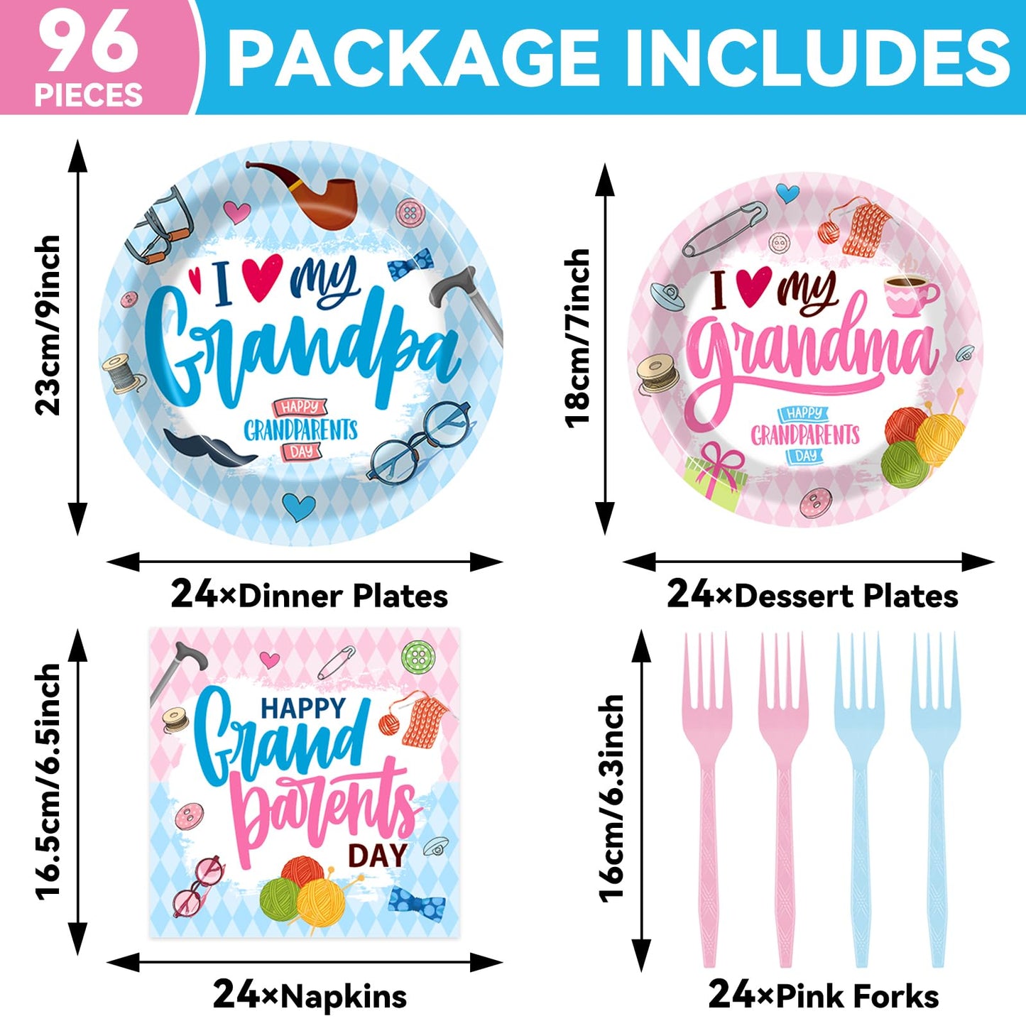 gisgfim 96Pcs Grandparents Day Party Supplies Happy Grandparents Day Birthday Paper Plates Napkin Grandma and Grandpa Tableware Dinnerware Decoration Favor for Grandma and Grandpa Party Home Serve 24