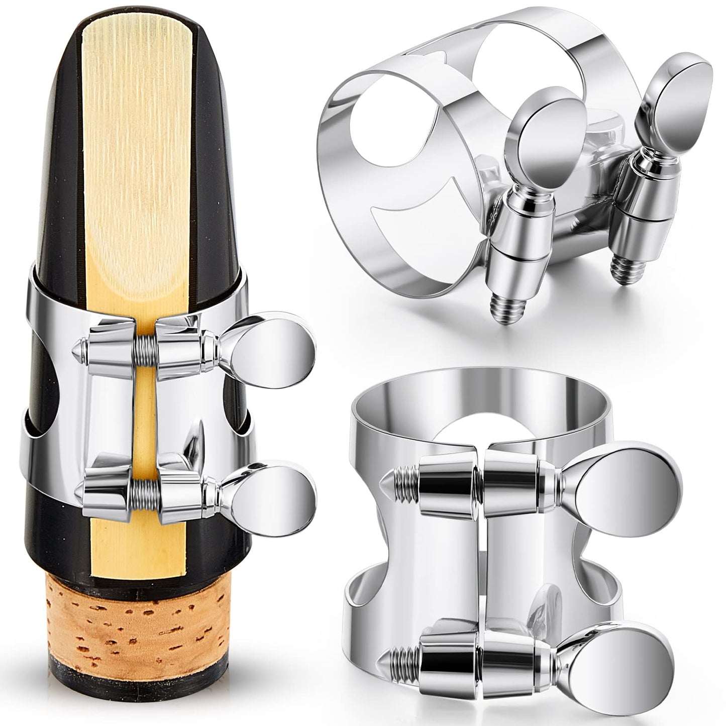 Treela 4 Pcs Clarinet Ligature for Mouthpiece - Silver B Flat with Adjustable Screws for Bb Clarinet Woodwinds Instrument