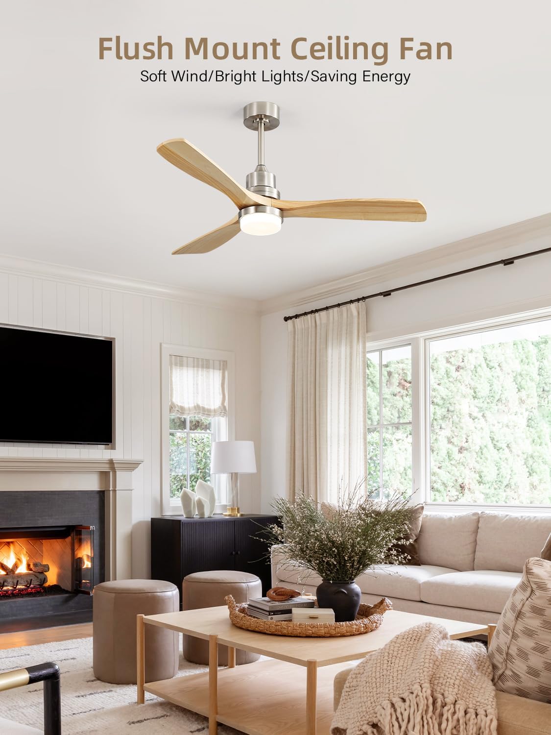 Sofucor 52 Inch Ceiling Fan with Lights and Remote Control-Modern Solid Wood Blade Ceiling Fan for Bedroom Living Room Indoor Outdoor Farmhouse Patio, Noiseless DC Motor, Sandy Nickel & Natural Wood